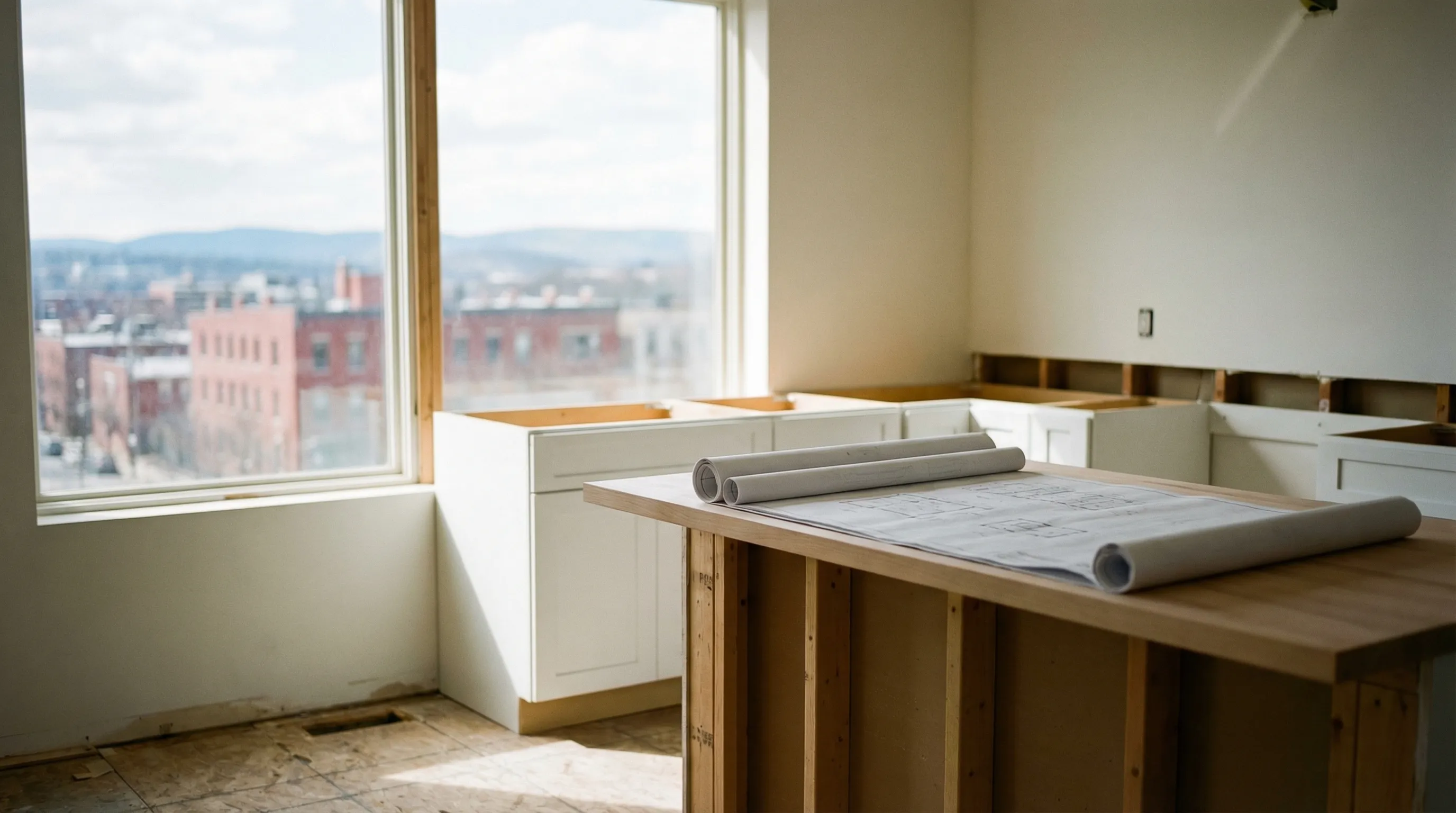 Contractor reviewing kitchen remodel plans with a homeowner inside a partially renovated Chattanooga, TN home with new cabinet boxes installed and natural light from large windows