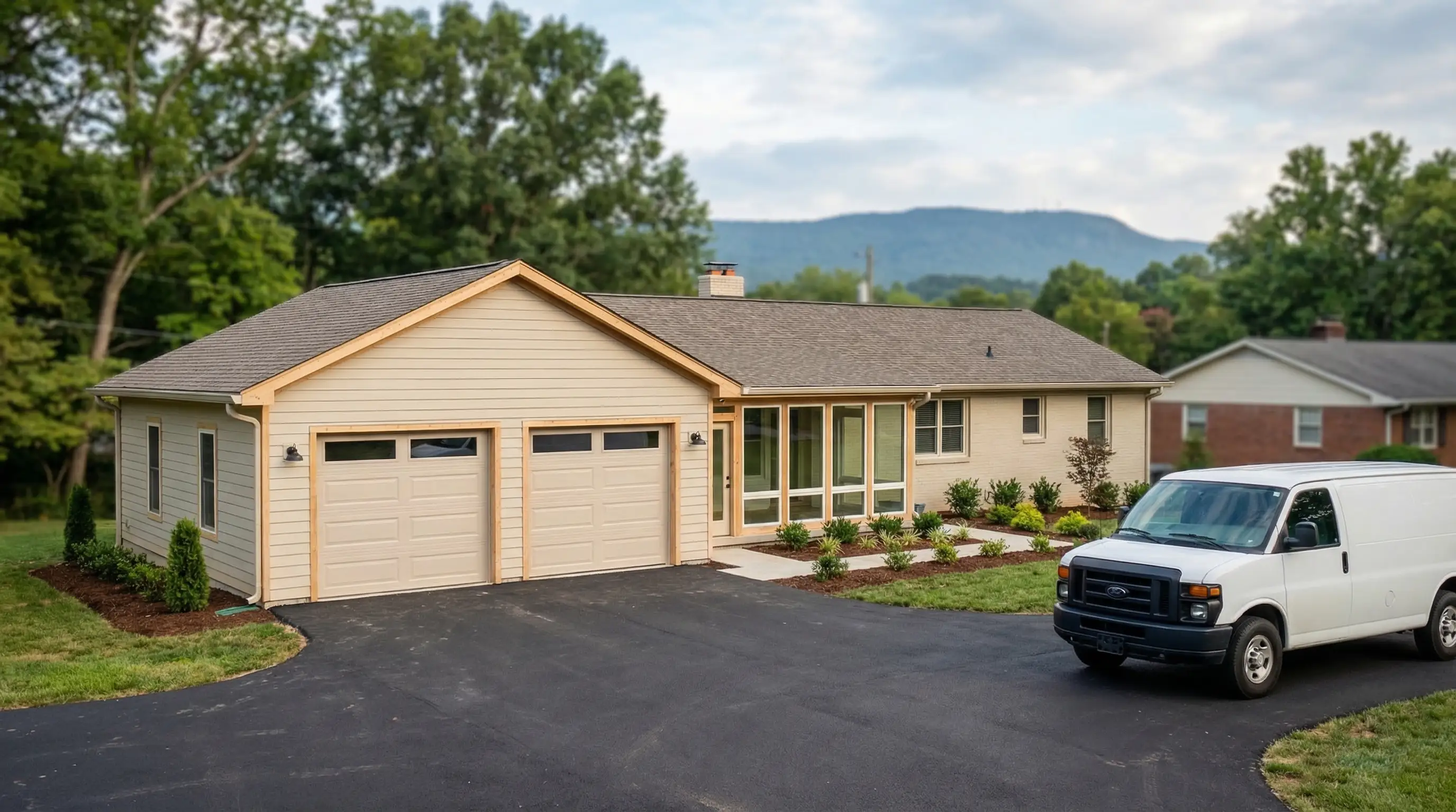 Contractor reviewing kitchen remodel plans with a homeowner inside a partially renovated Chattanooga, TN home with new cabinet boxes installed and natural light from large windows