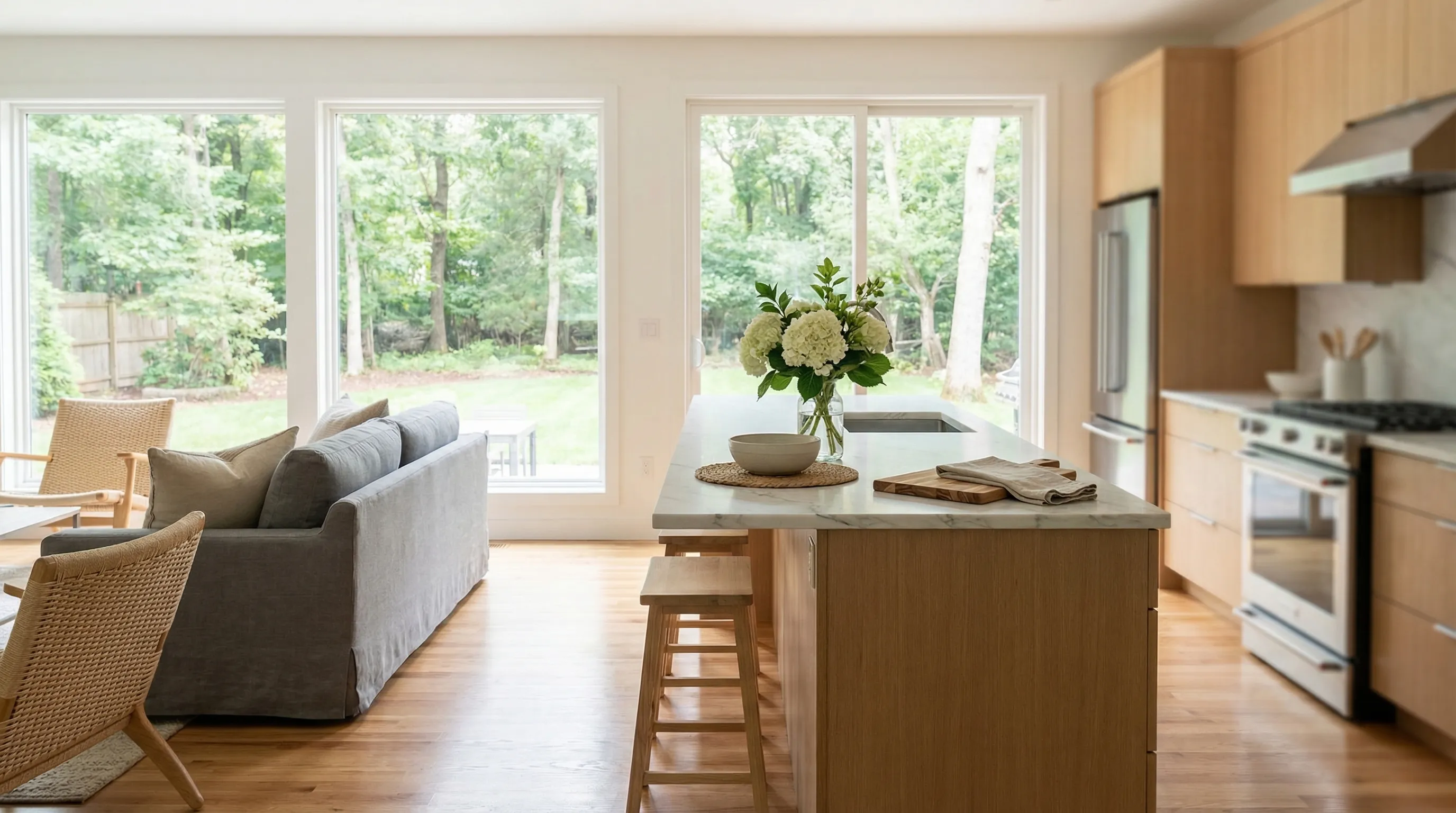 Real estate agent showing a young couple a bright craftsman-style home in North Shore Chattanooga, TN with the Tennessee River visible through large windows in the background