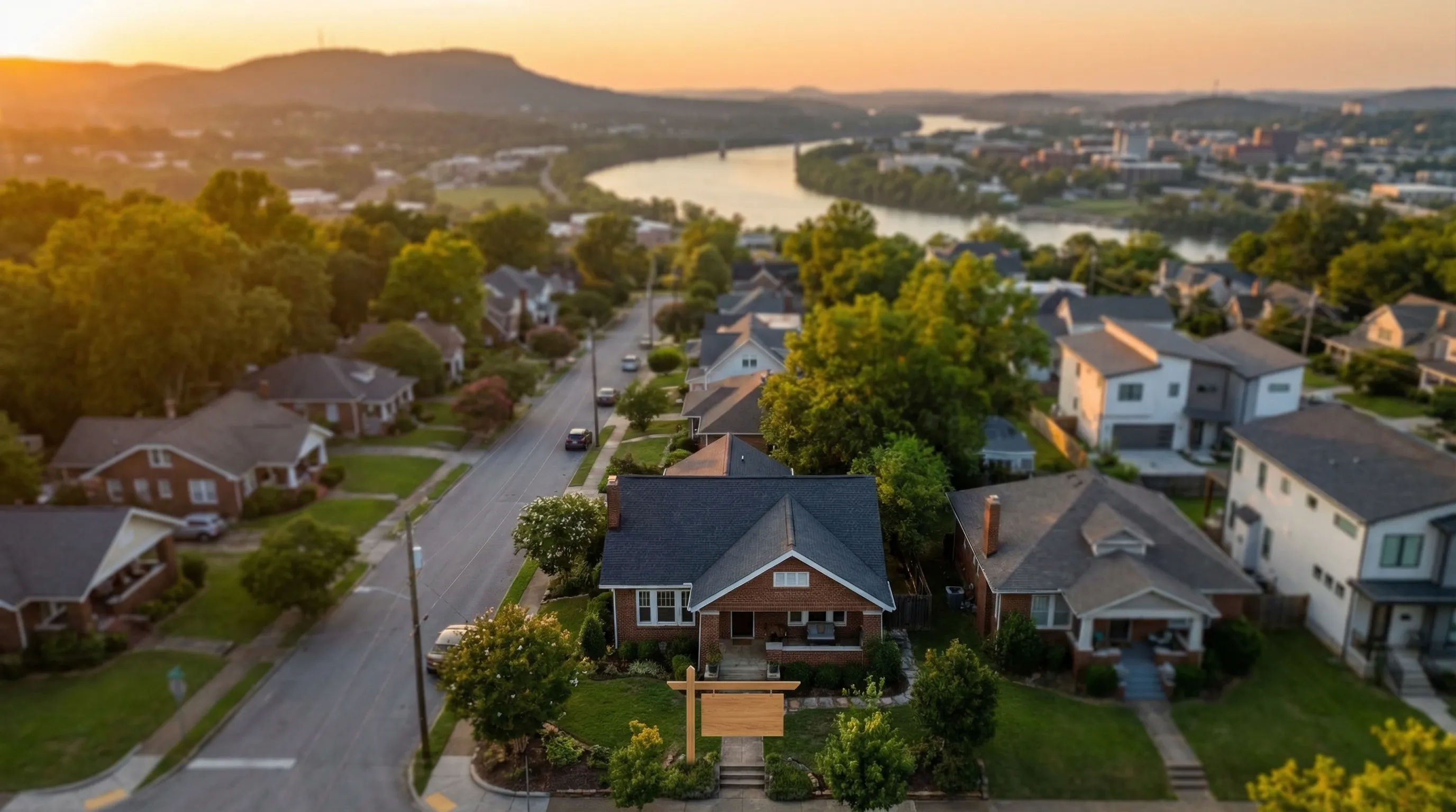 Real estate agent showing a young couple a bright craftsman-style home in North Shore Chattanooga, TN with the Tennessee River visible through large windows in the background