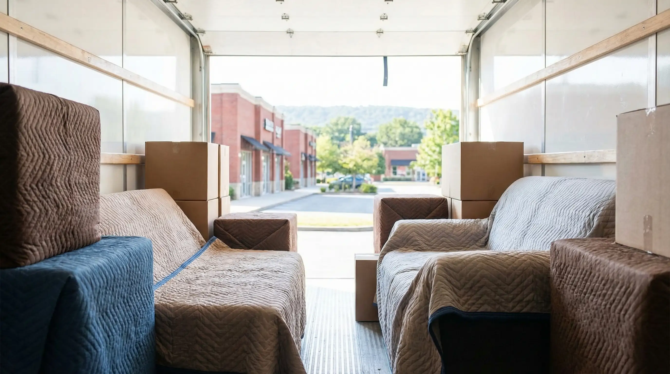 Two uniformed movers carefully loading wrapped furniture into a branded moving truck on a tree-lined Chattanooga, TN street with the Tennessee River visible in the background