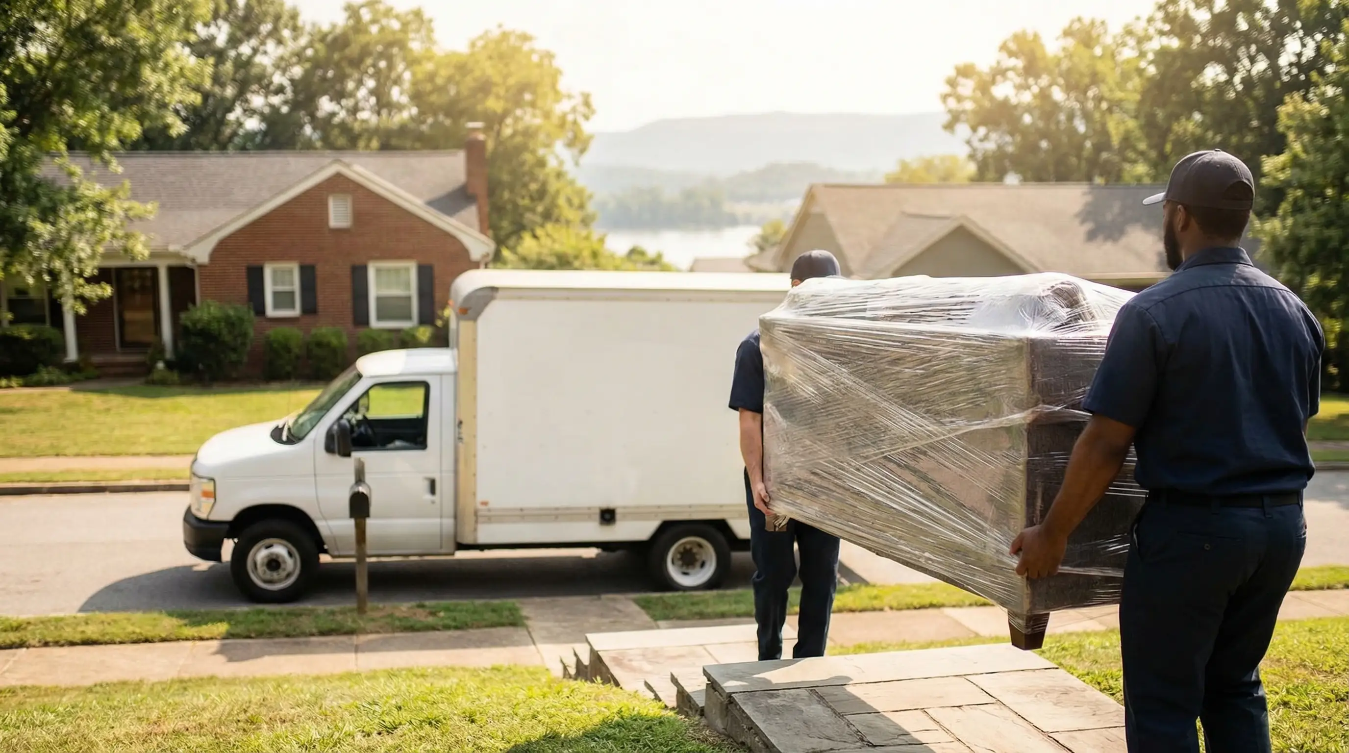 Two uniformed movers carefully loading wrapped furniture into a branded moving truck on a tree-lined Chattanooga, TN street with the Tennessee River visible in the background