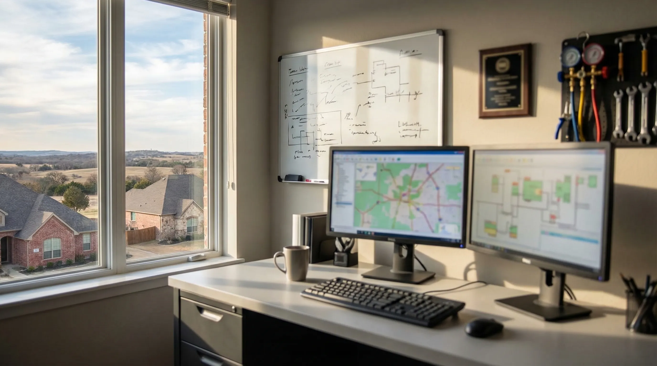Professional HVAC technician workspace with McKinney TX service dispatch map for Collin County air conditioning and heating PPC management