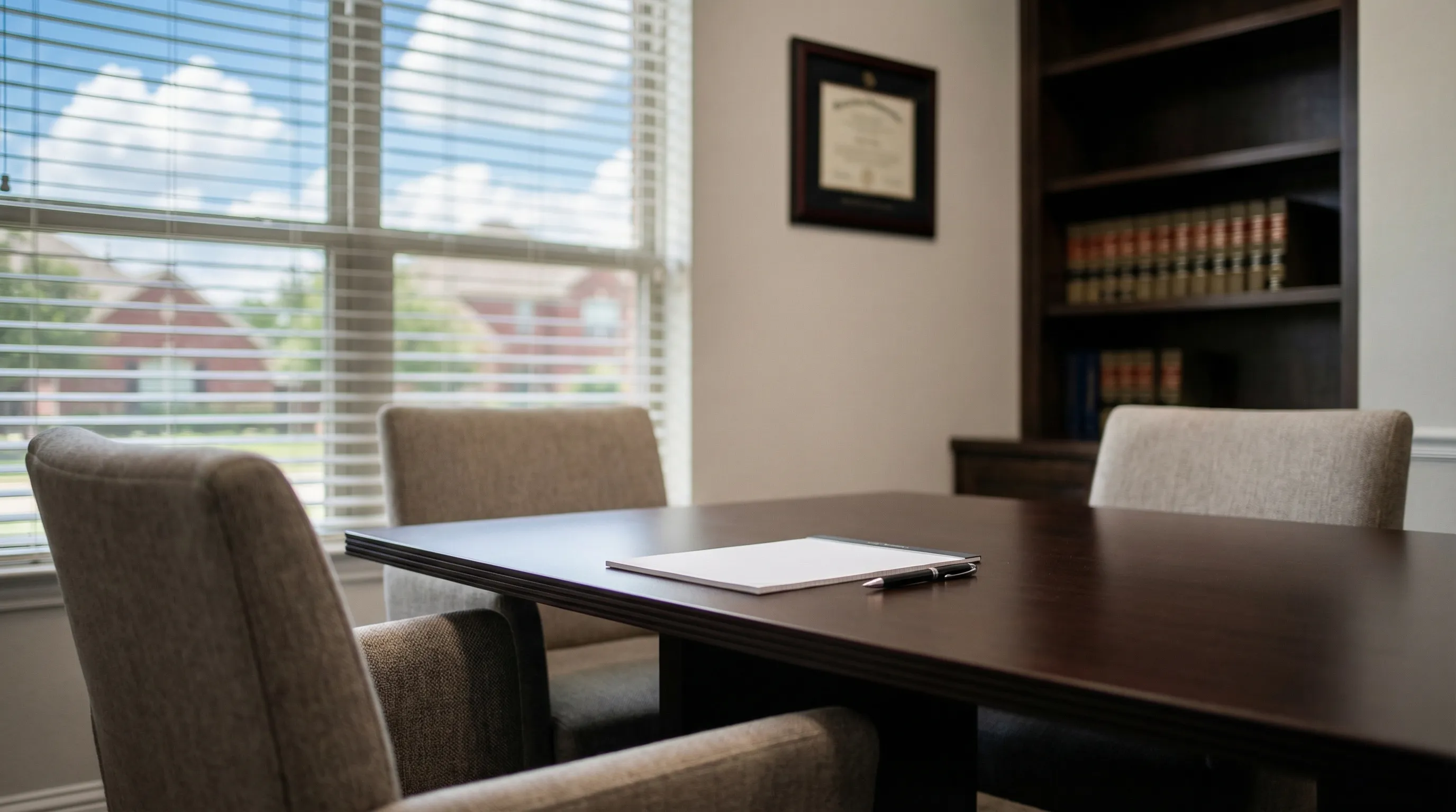 Professional law office consultation room in McKinney, TX with polished conference table, law volumes, and natural light