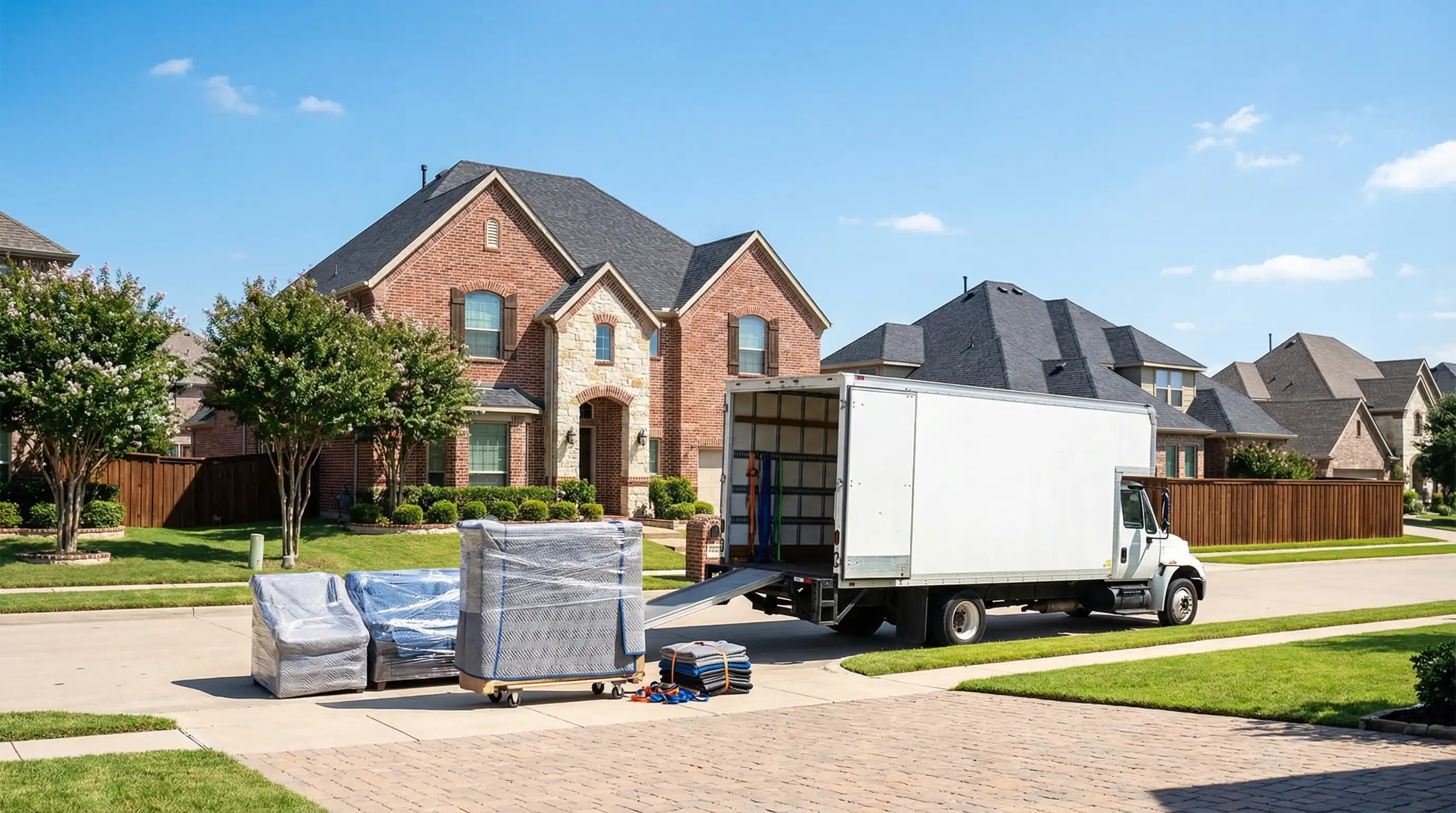 Professional moving truck in the driveway of a large brick suburban home in McKinney, TX with uniformed movers and clear blue Texas sky
