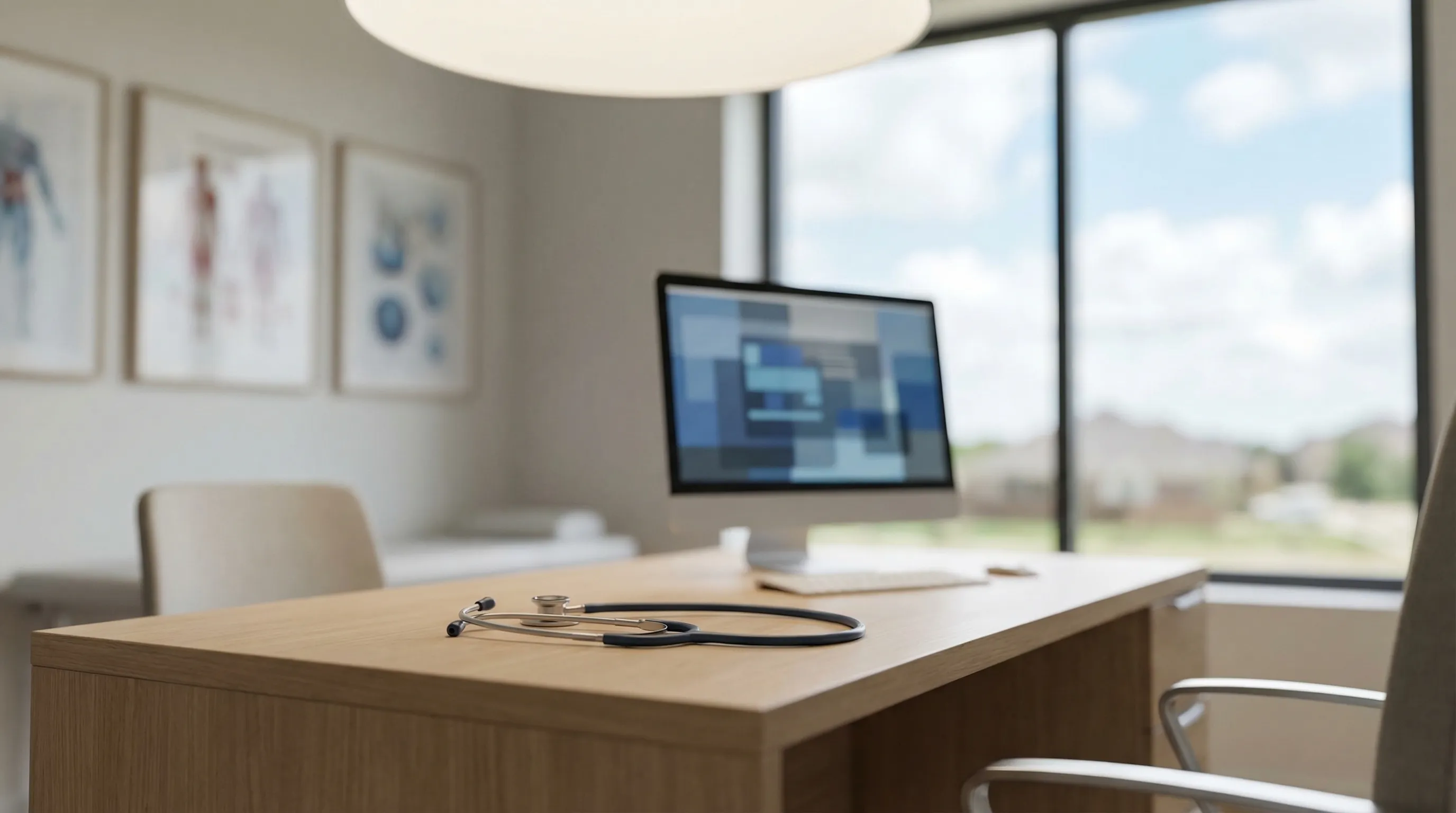 Modern medical office exterior in McKinney, TX with clean contemporary architecture, professional landscaping, and clear blue Texas sky