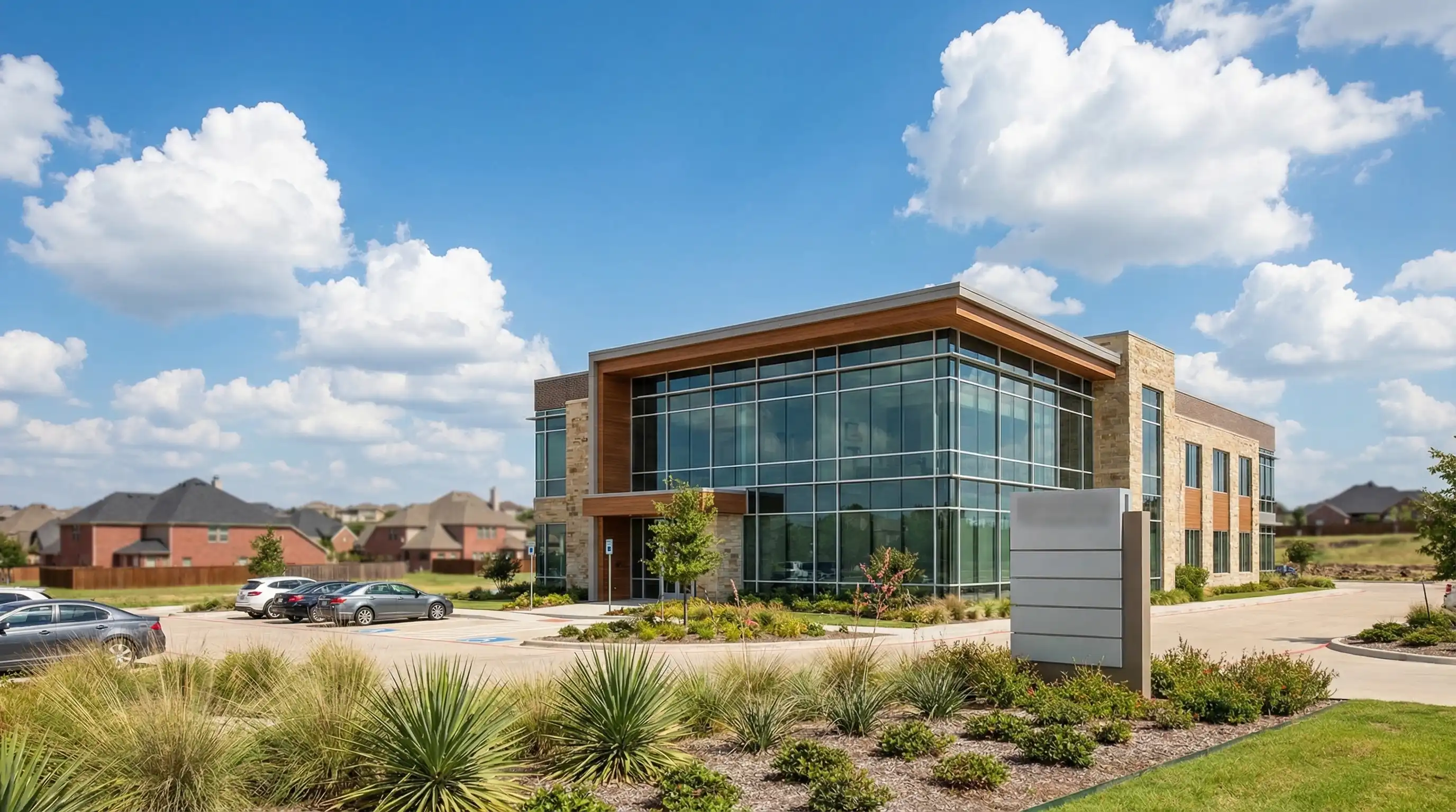 Modern medical office exterior in McKinney, TX with clean contemporary architecture, professional landscaping, and clear blue Texas sky