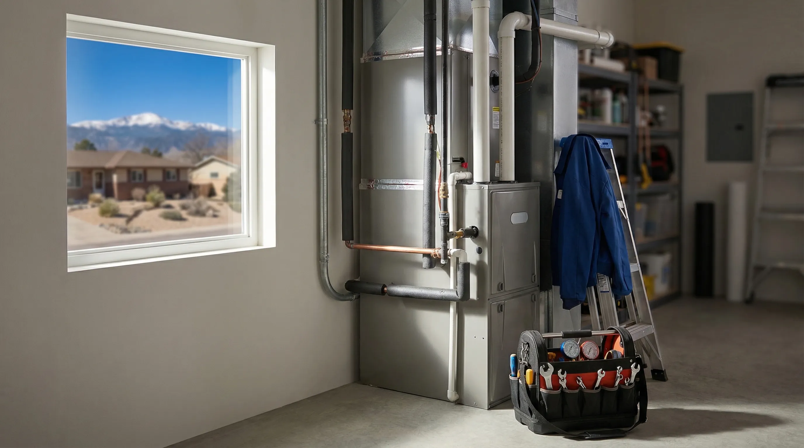 Professional HVAC technician servicing a high-efficiency furnace in a Lakewood, CO home with Front Range foothills in the background