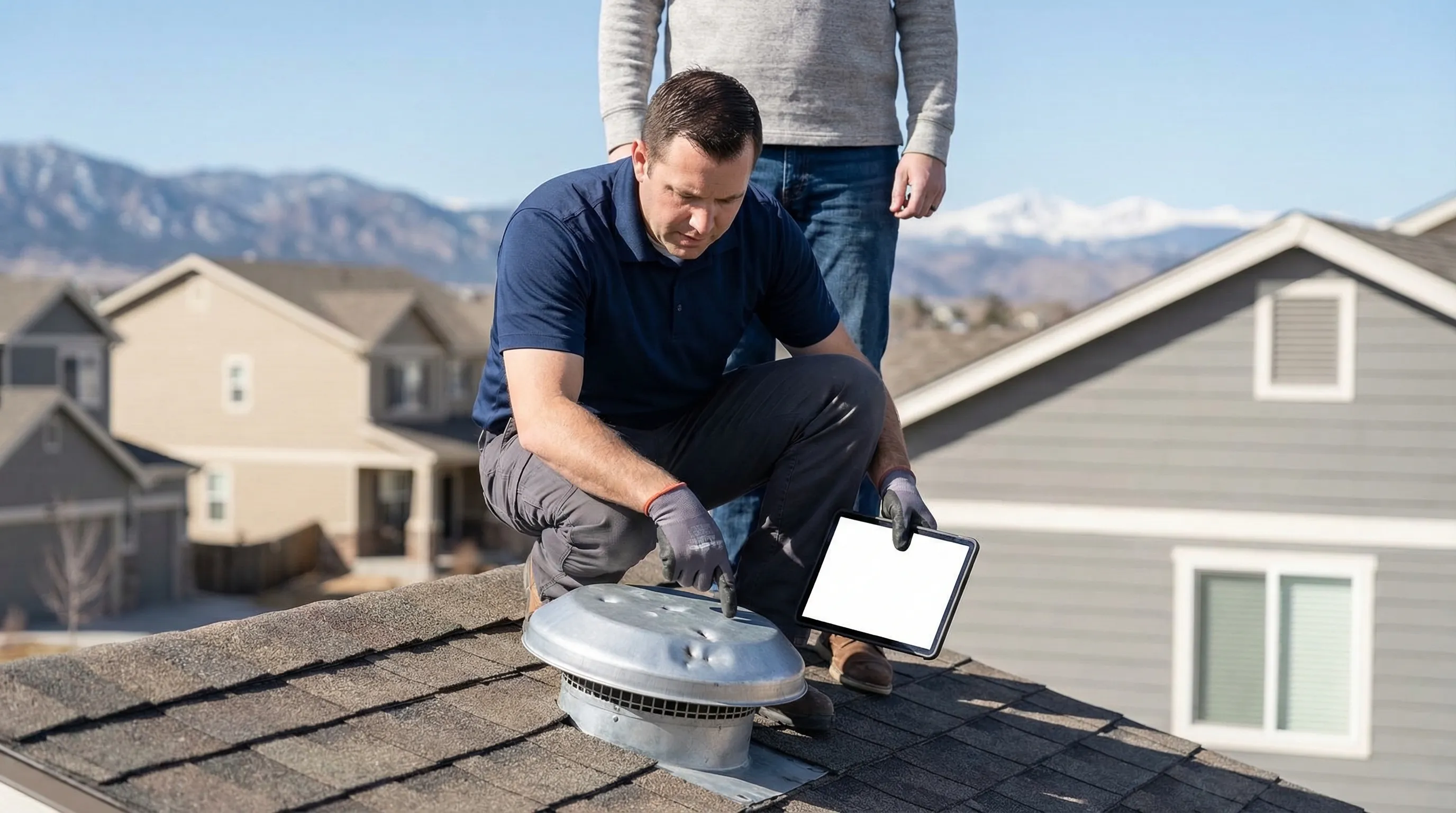 Professional roofer inspecting hail damage on a suburban Lakewood, CO home with Front Range mountains visible in the background