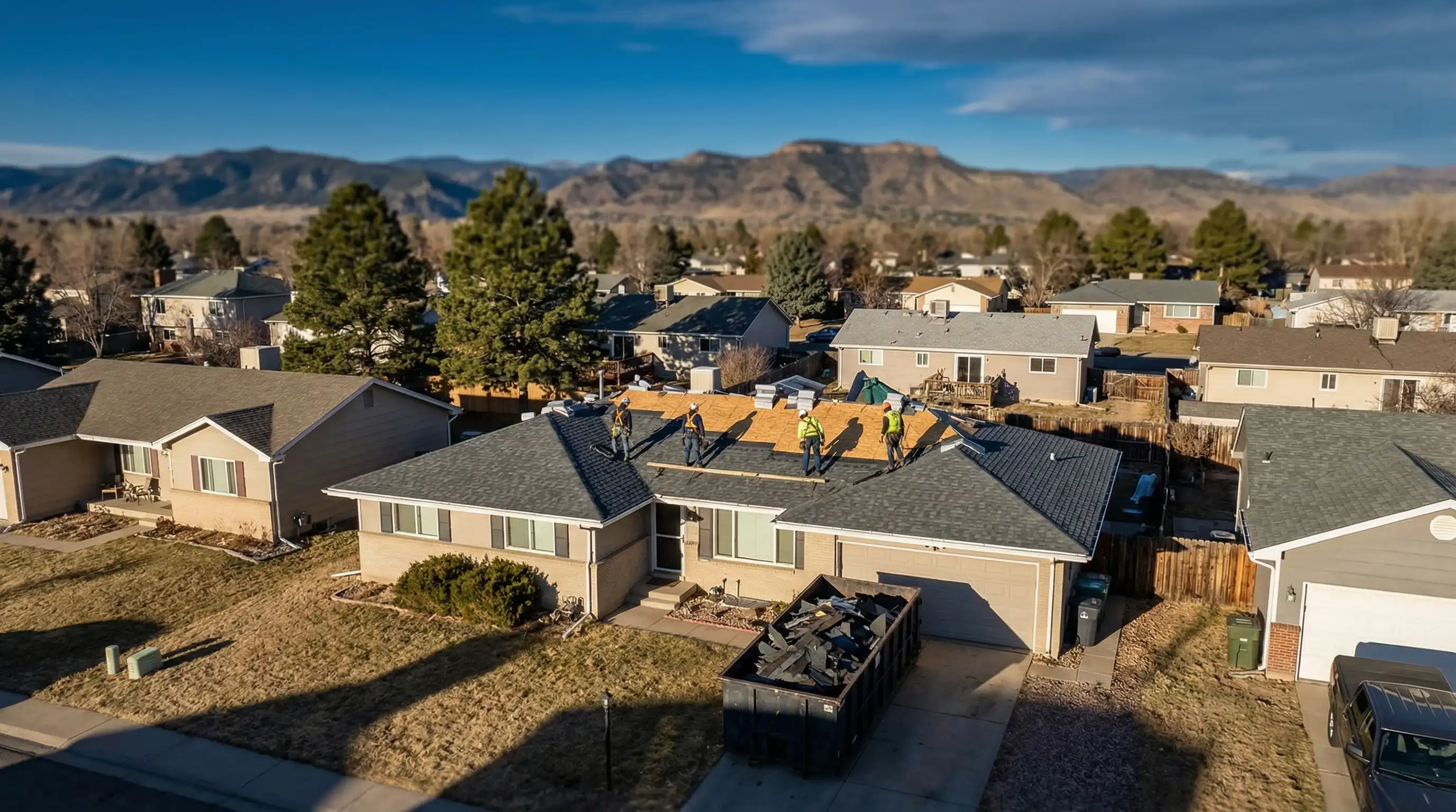 Professional roofer inspecting hail damage on a suburban Lakewood, CO home with Front Range mountains visible in the background