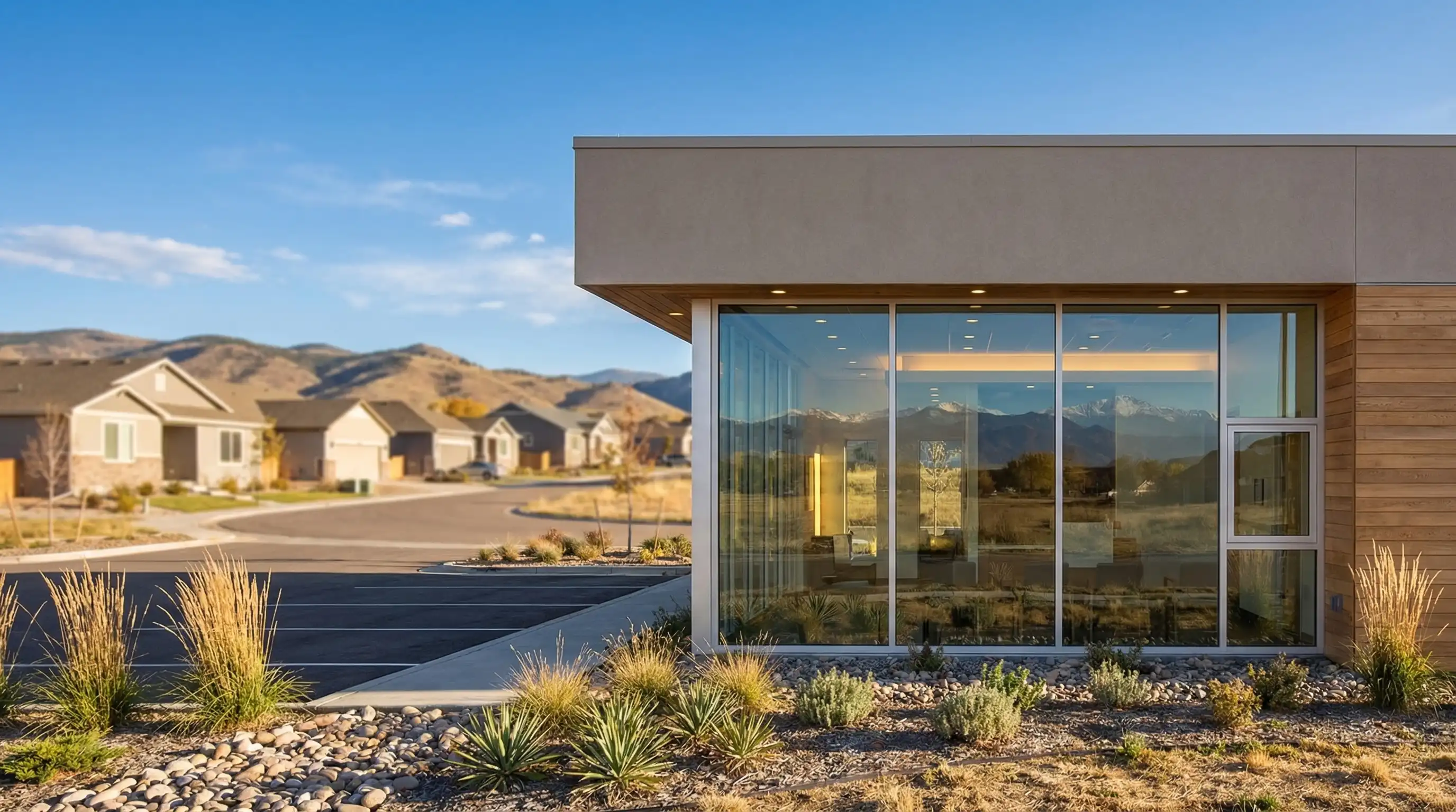 Professional dentist consulting with a patient in a modern Lakewood, CO dental office with Colorado mountain views visible through the window