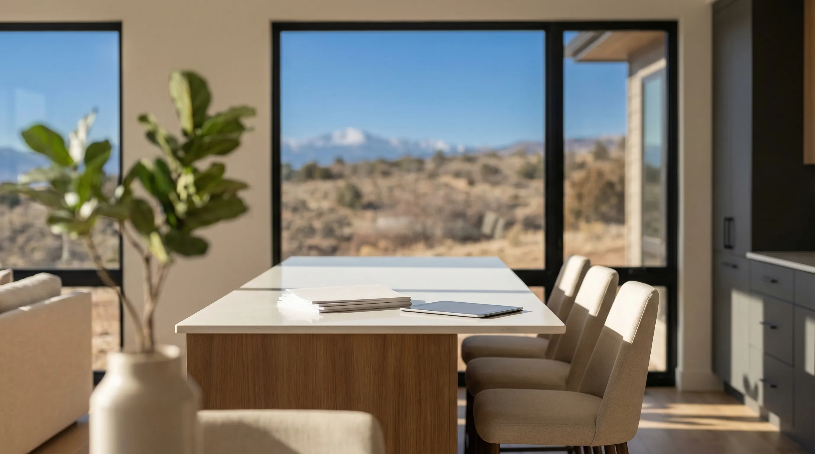 Professional real estate agent meeting with clients outside a Lakewood, CO home for sale with Front Range foothills in the background