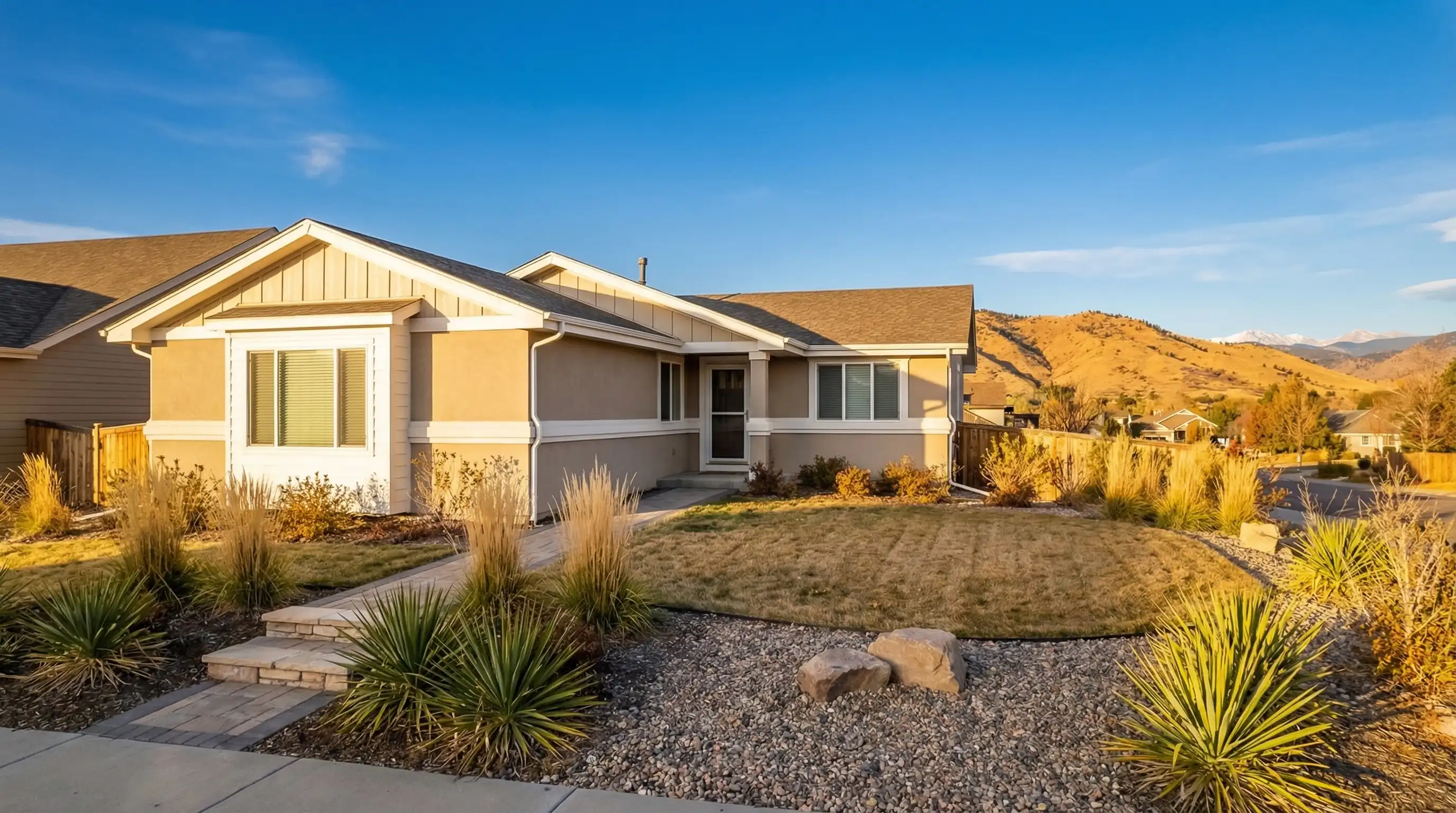 Professional real estate agent meeting with clients outside a Lakewood, CO home for sale with Front Range foothills in the background