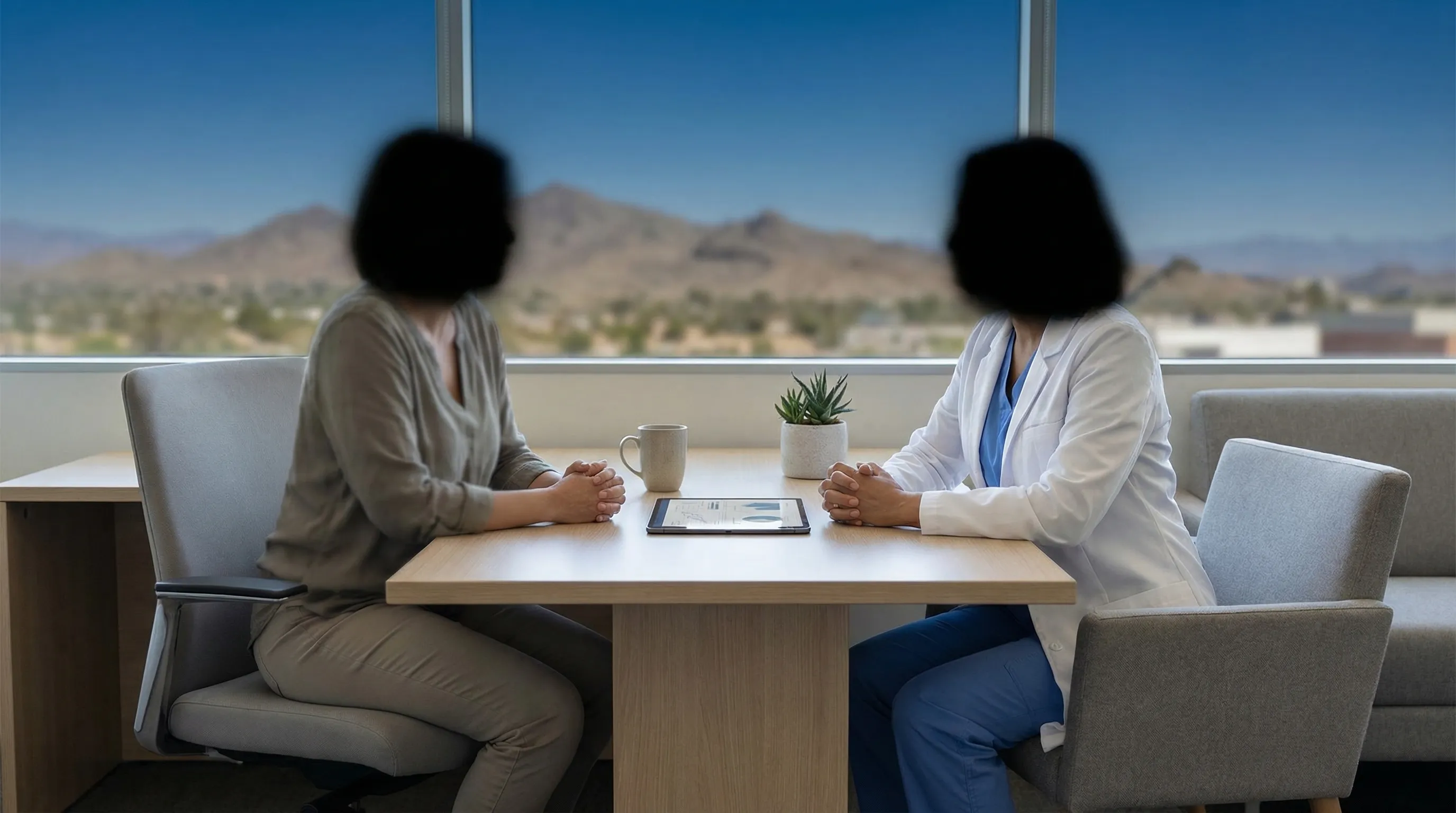 Professional healthcare provider consulting with a patient in a modern Lakewood, CO medical clinic with natural light and mountain view through window