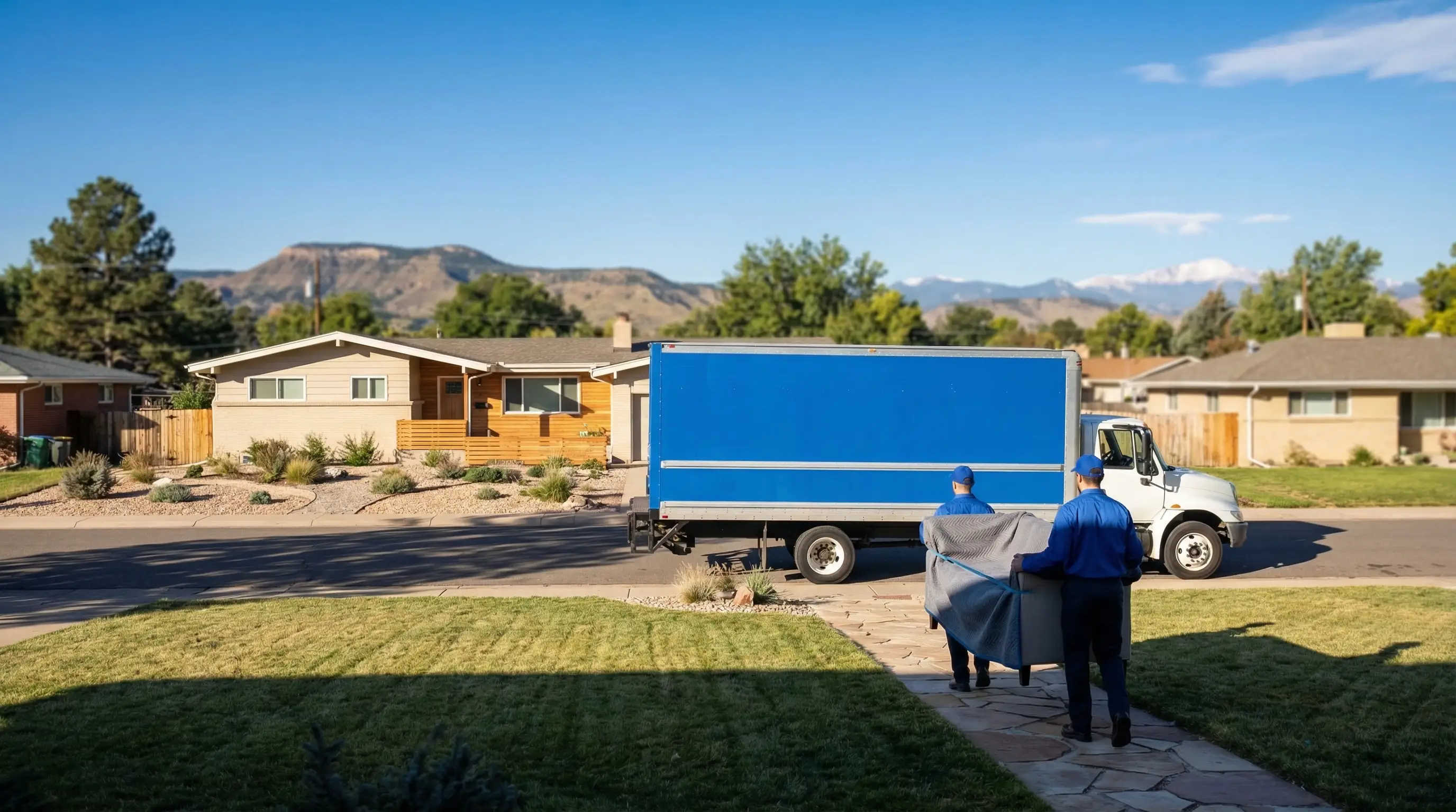Professional moving company truck parked outside a Lakewood, CO suburban home with movers carefully loading furniture with Green Mountain in the background