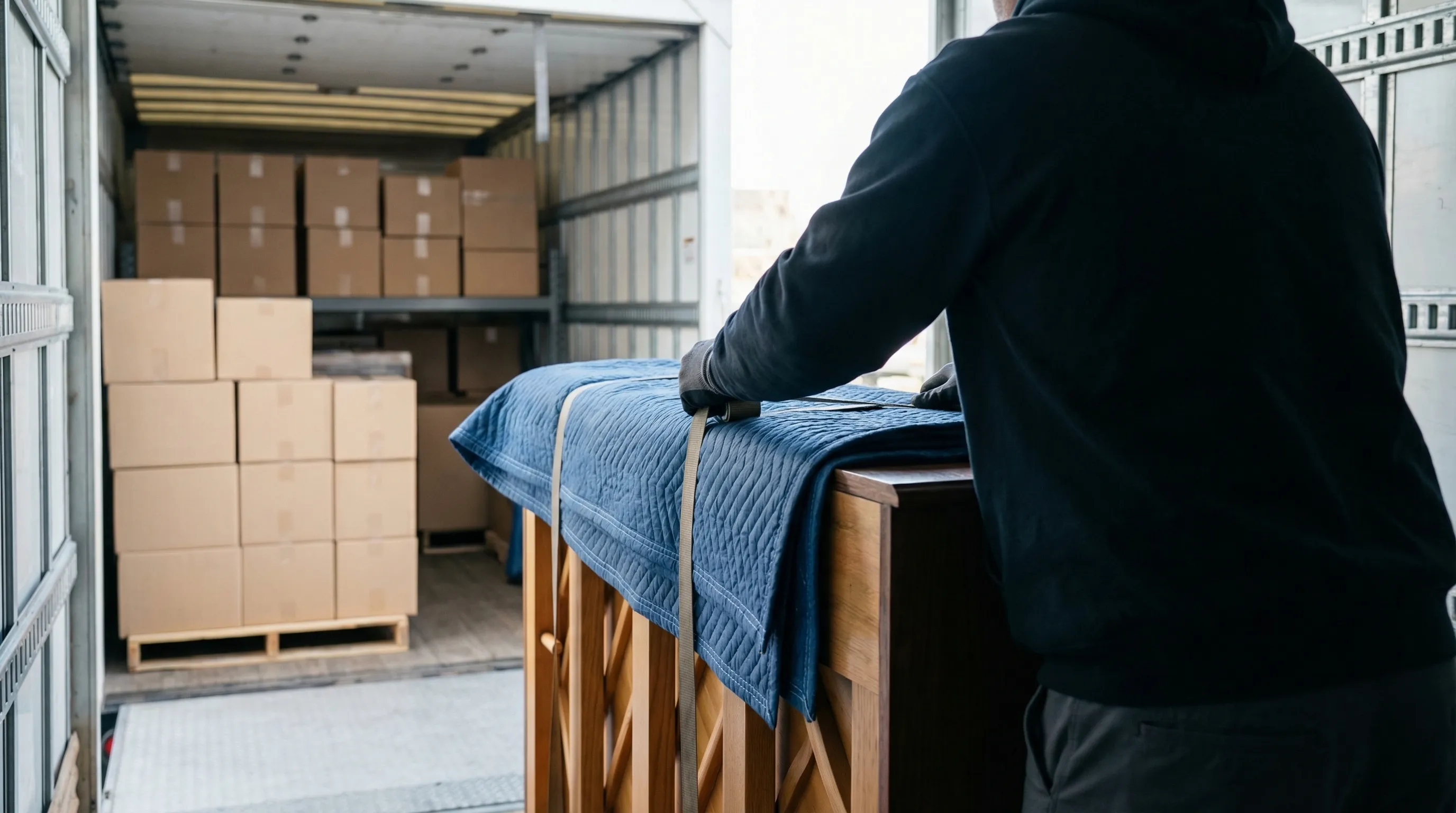 Professional moving company truck parked outside a Lakewood, CO suburban home with movers carefully loading furniture with Green Mountain in the background