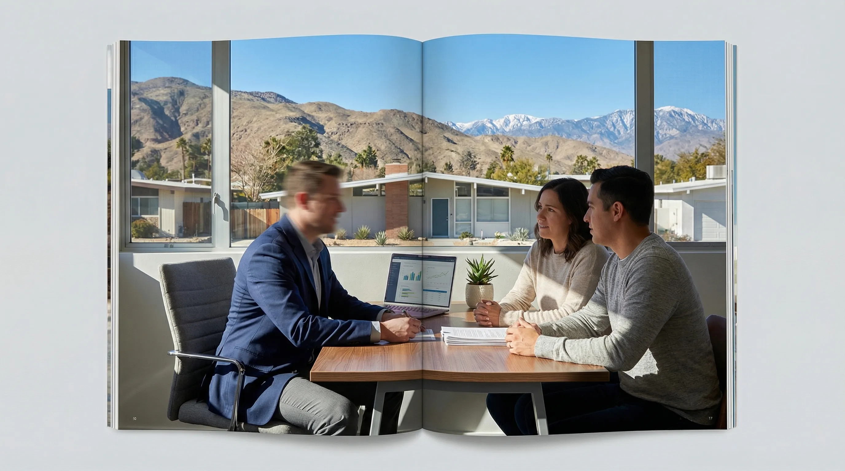 Professional financial advisor reviewing investment portfolio with a client couple in a modern Lakewood, CO office with natural light and mountain view