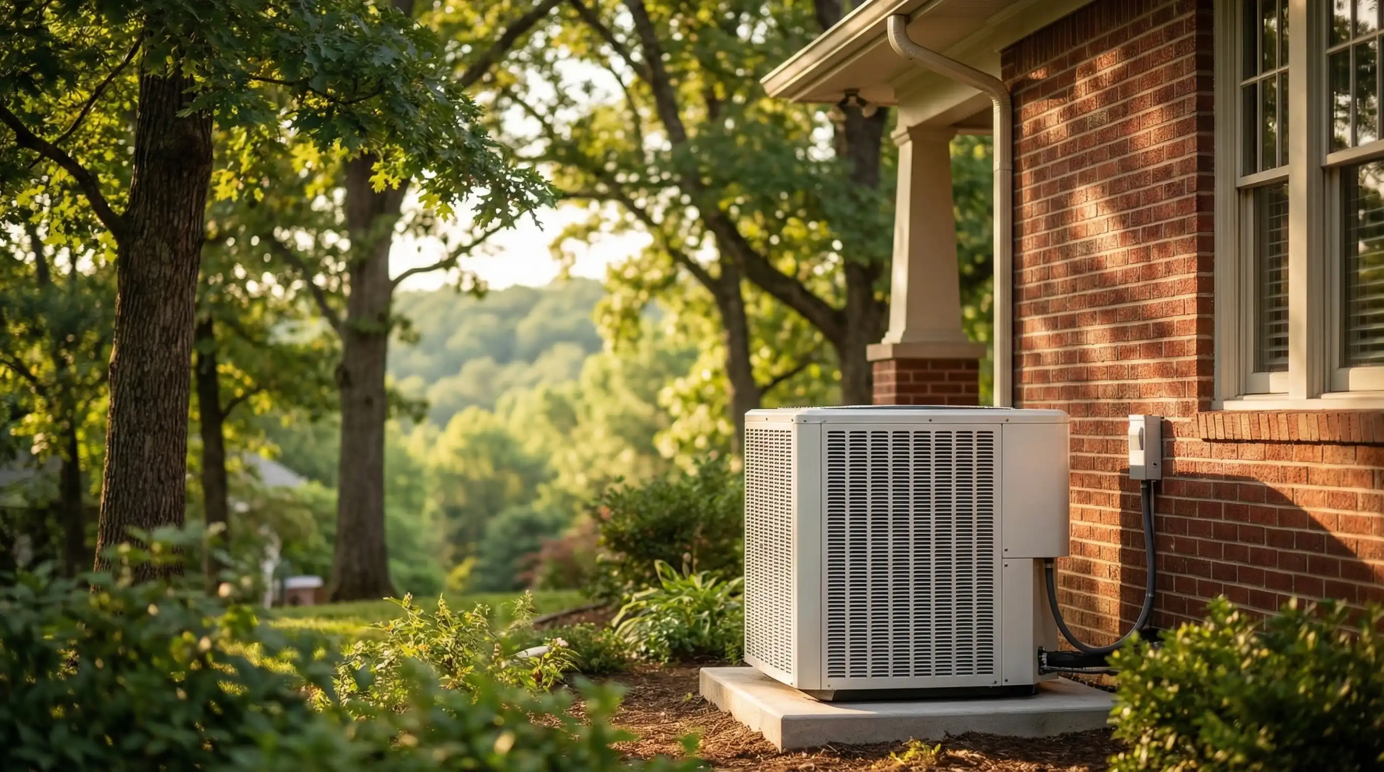 Professional HVAC contractor servicing a residential condenser unit in a Fayetteville, AR neighborhood with Ozark hills in the background