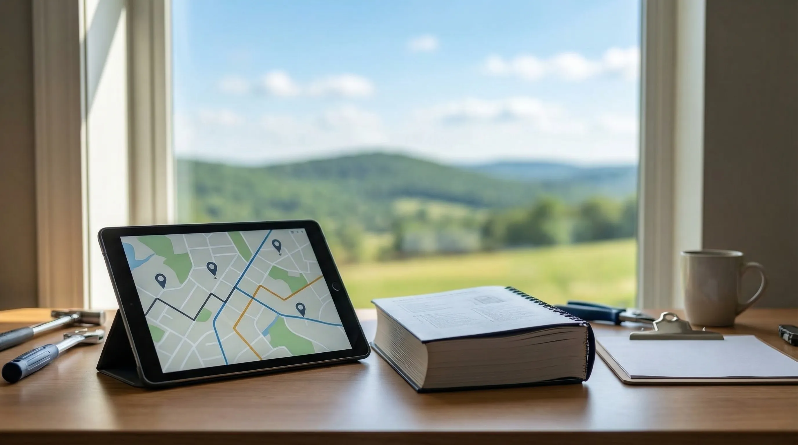 Professional HVAC contractor servicing a residential condenser unit in a Fayetteville, AR neighborhood with Ozark hills in the background