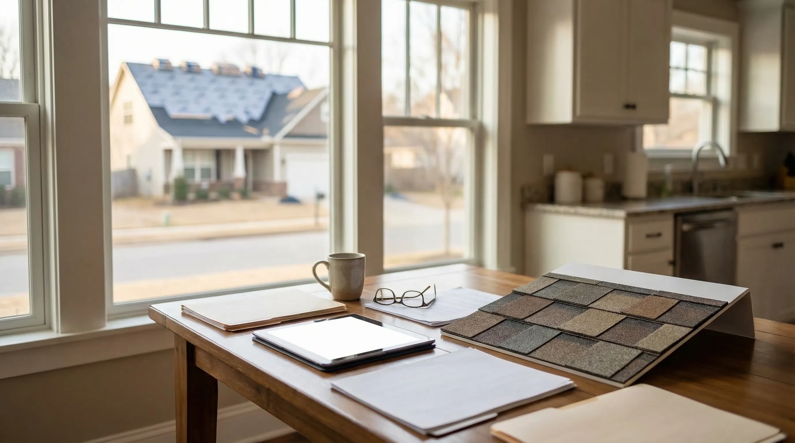 Licensed roofing contractor installing architectural shingles on a Fayetteville, AR craftsman home with Ozark hills visible in the background