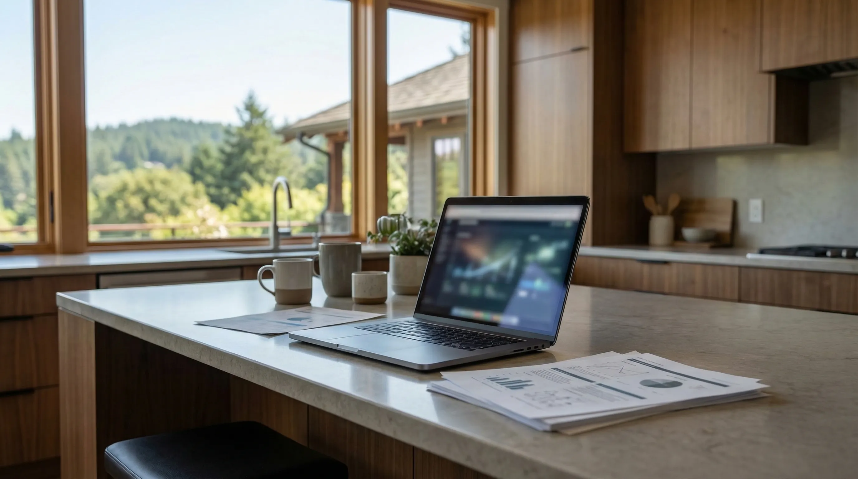 Real estate agent showing a craftsman-style home for sale in Fayetteville, AR with tree-lined street and Ozark hills in the background