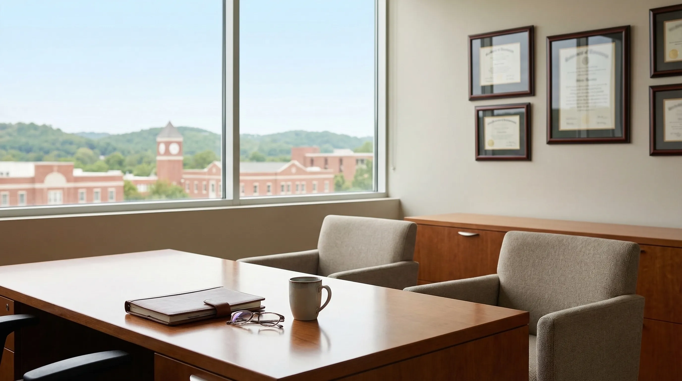 Fayetteville attorney consulting with a client in a professional office near Washington County Courthouse in NW Arkansas