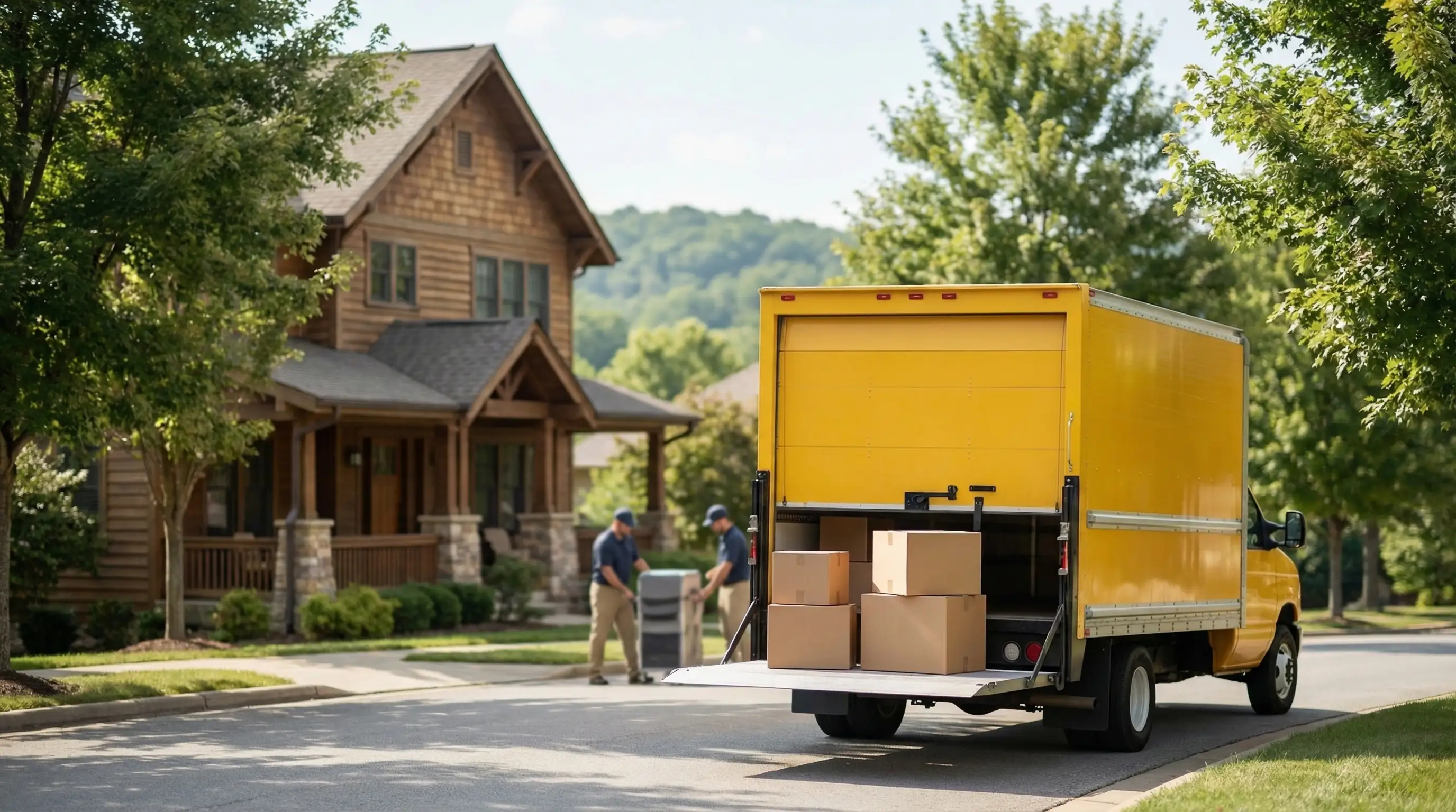 Professional moving company truck on a residential street for local mover in Fayetteville, AR