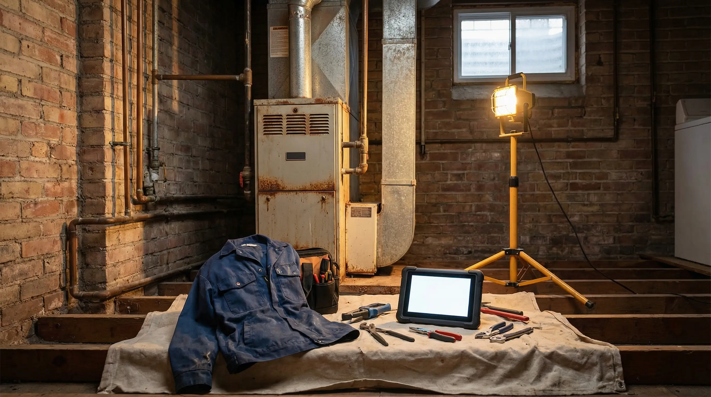 Professional HVAC technician servicing a furnace in a Toledo, OH home basement