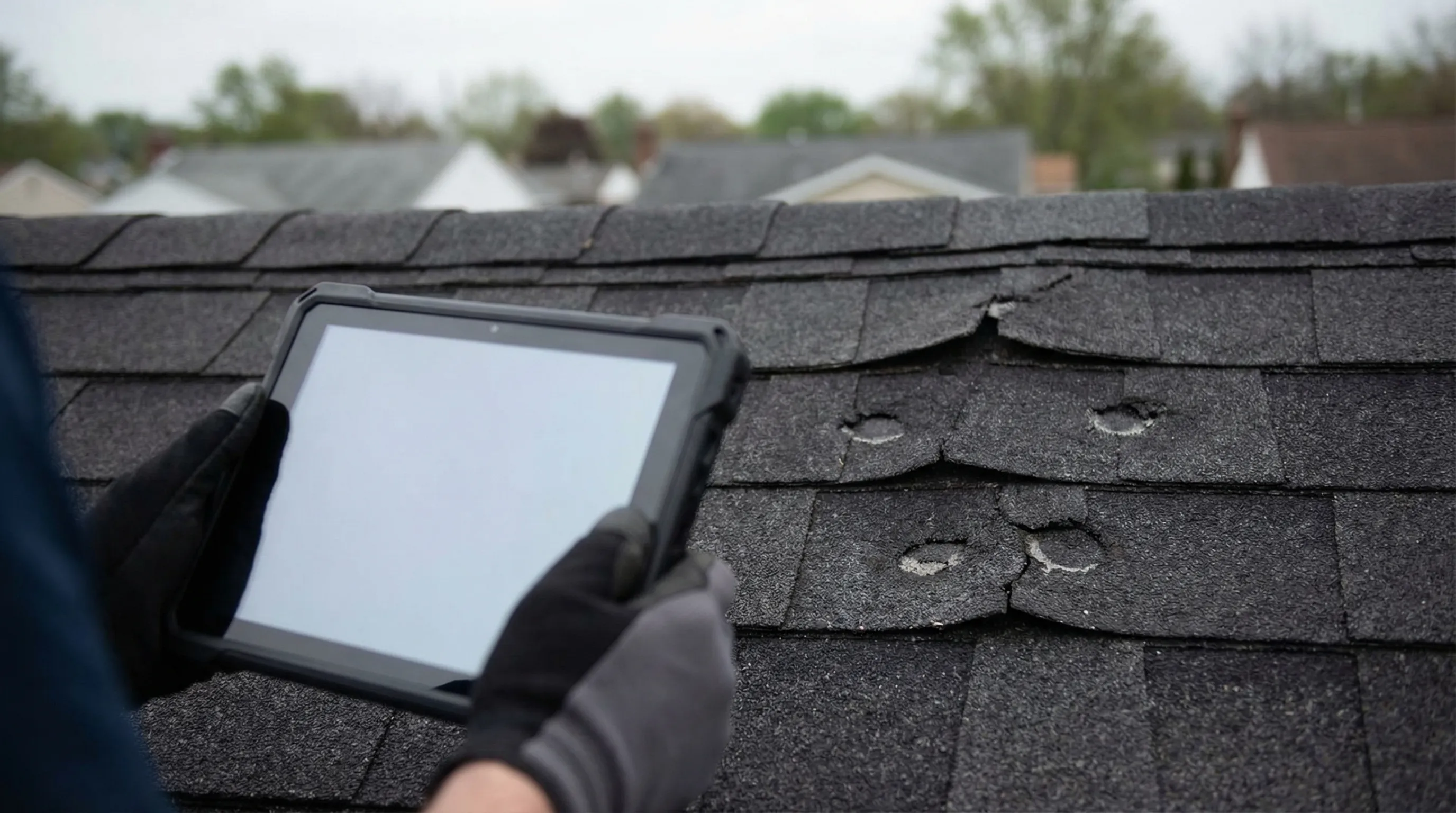Professional roofing contractor inspecting storm damage on a residential roof in Toledo, OH