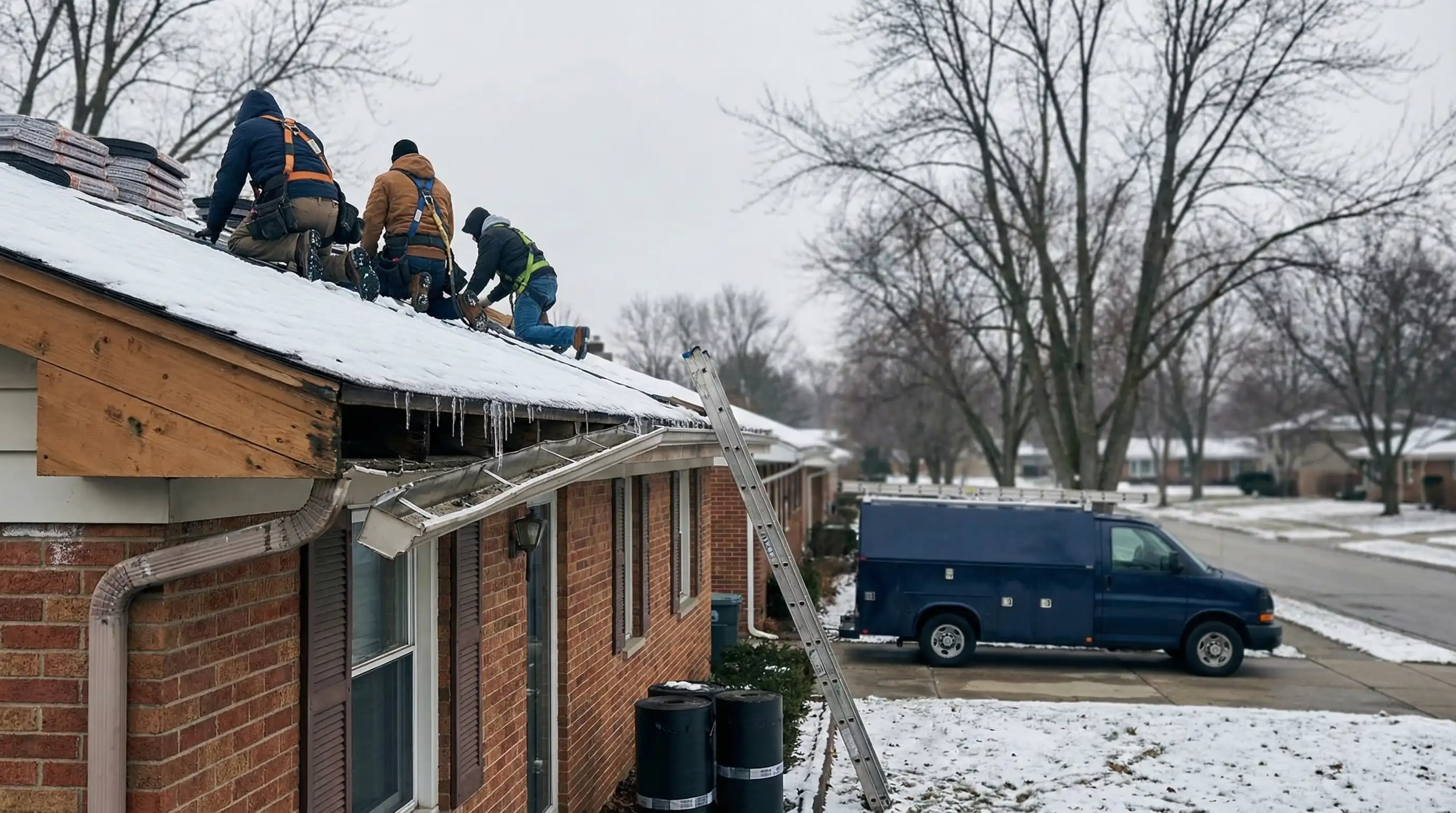 Professional roofing contractor inspecting storm damage on a residential roof in Toledo, OH