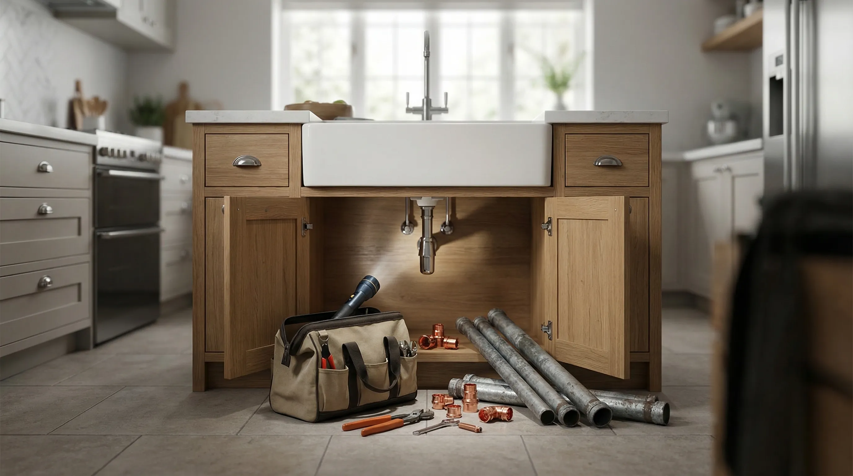 Licensed plumber replacing old galvanized pipes under a kitchen sink in a Toledo, OH home