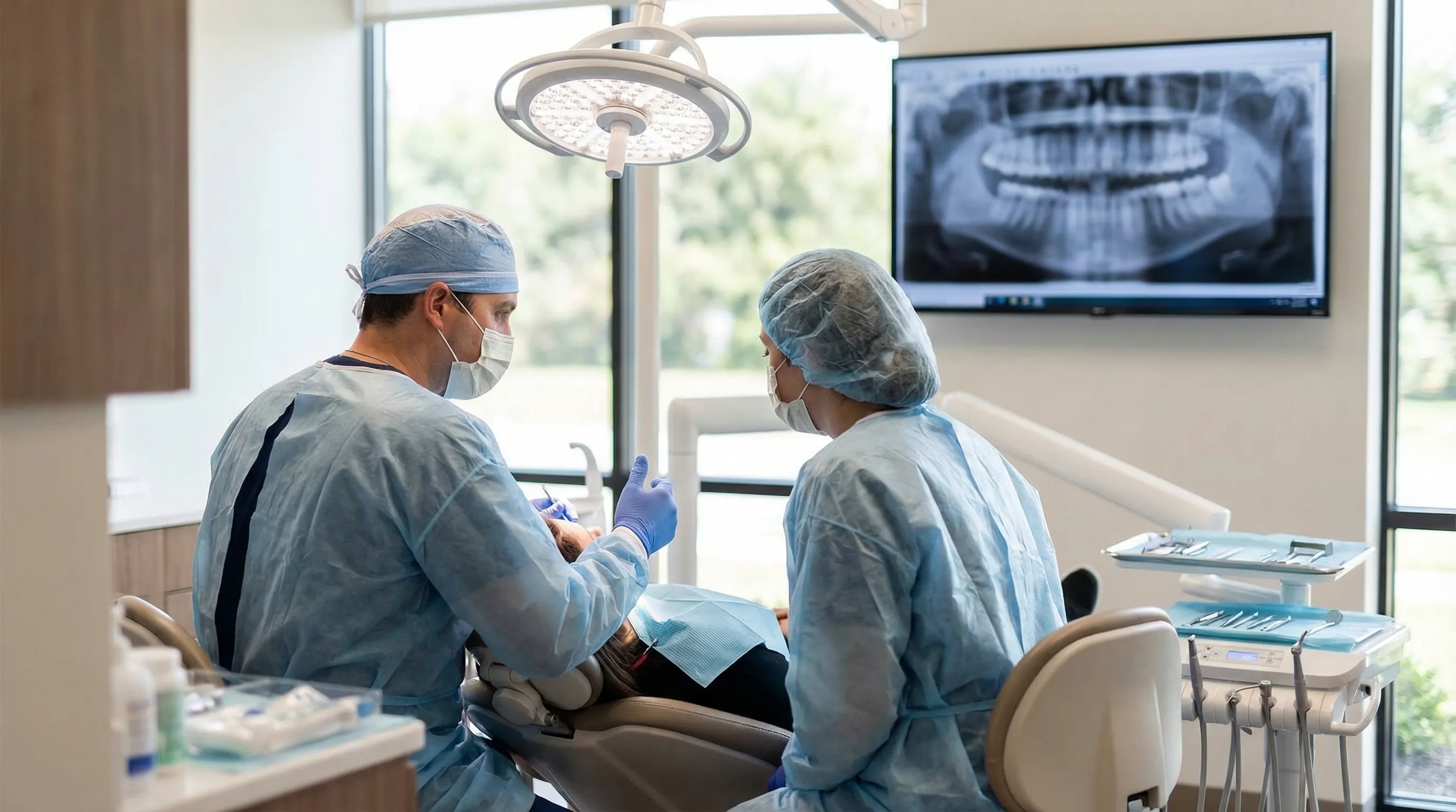Professional dental treatment room interior with dentist and patient in Toledo, OH dental practice