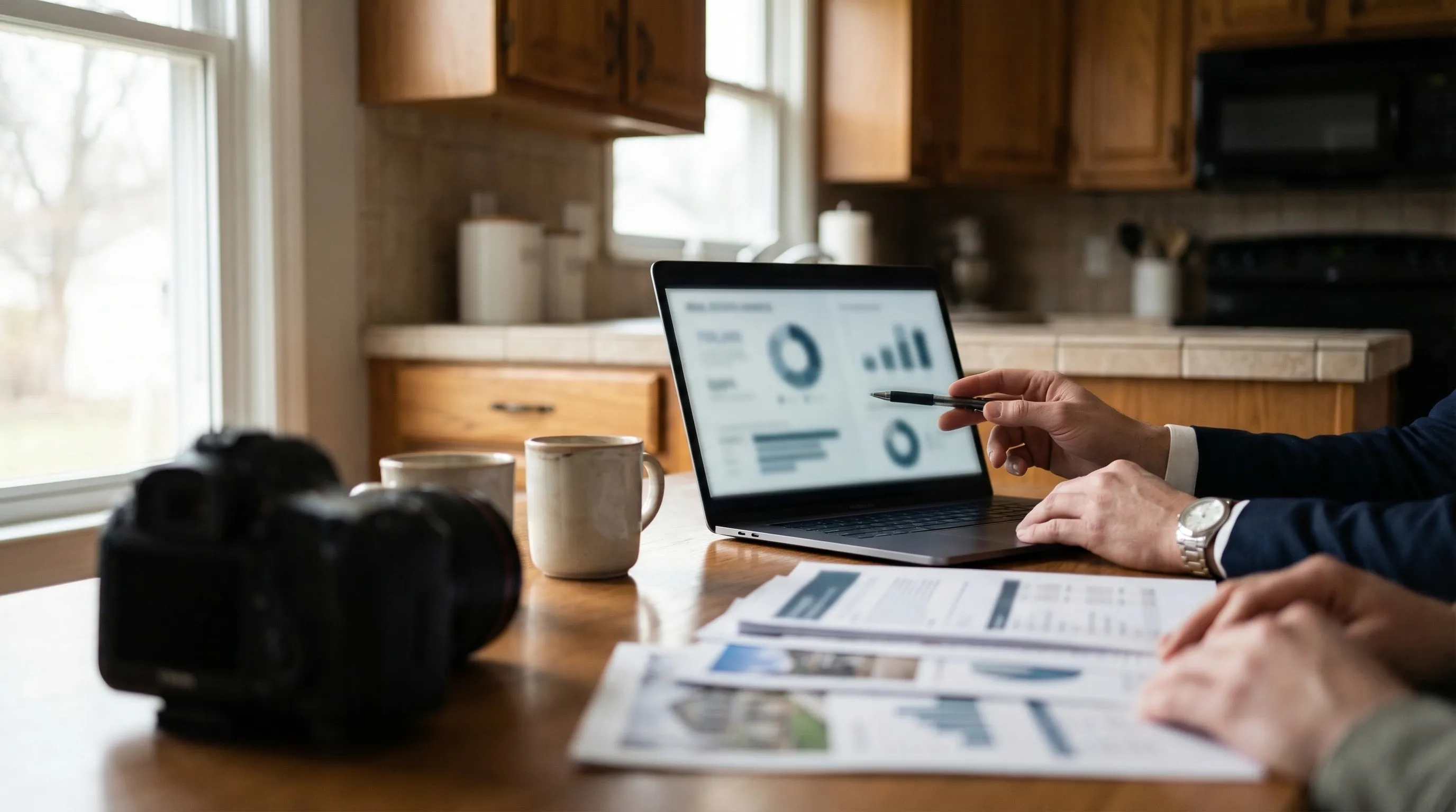Real estate agent meeting with homebuyers on the front steps of a brick home for sale in Toledo, OH