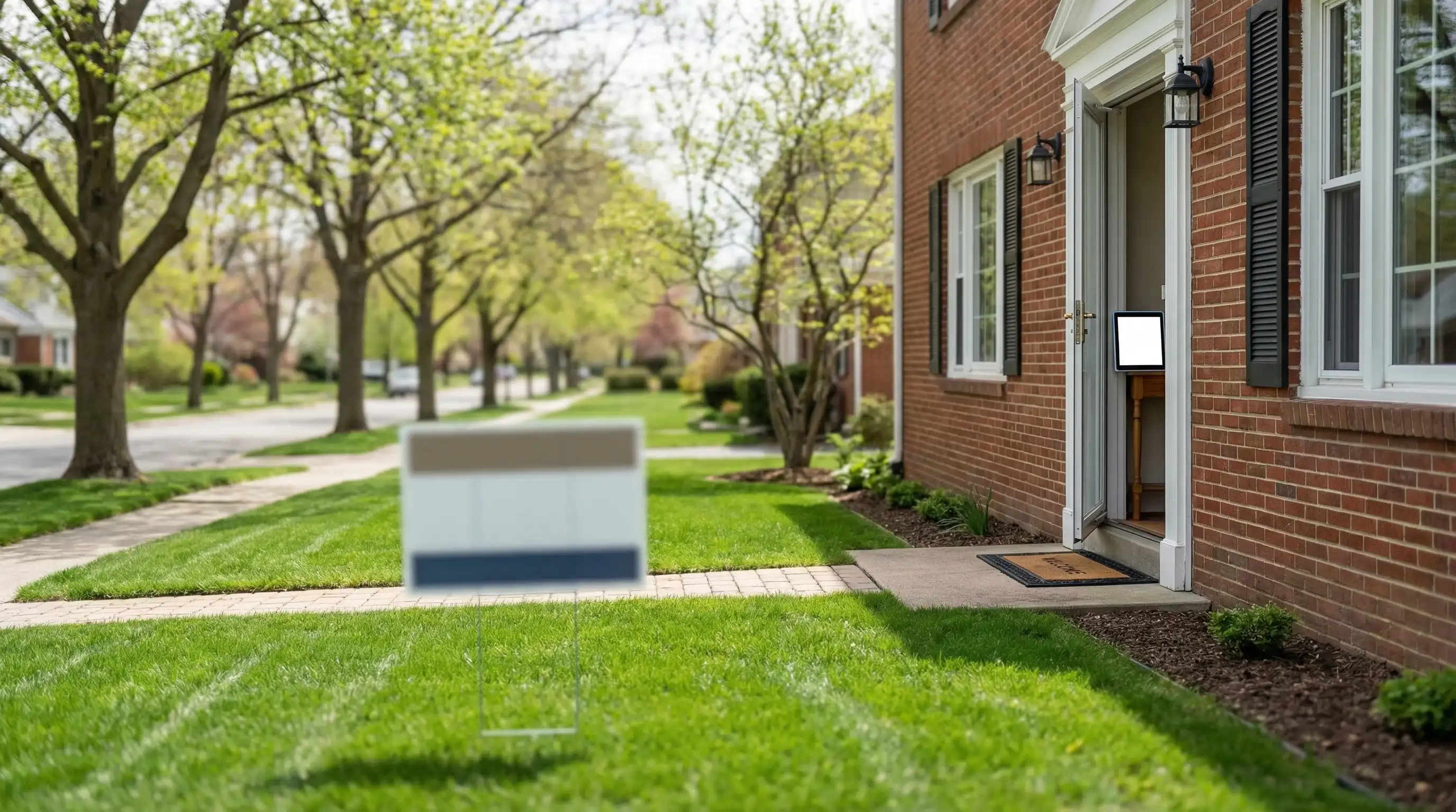 Real estate agent meeting with homebuyers on the front steps of a brick home for sale in Toledo, OH