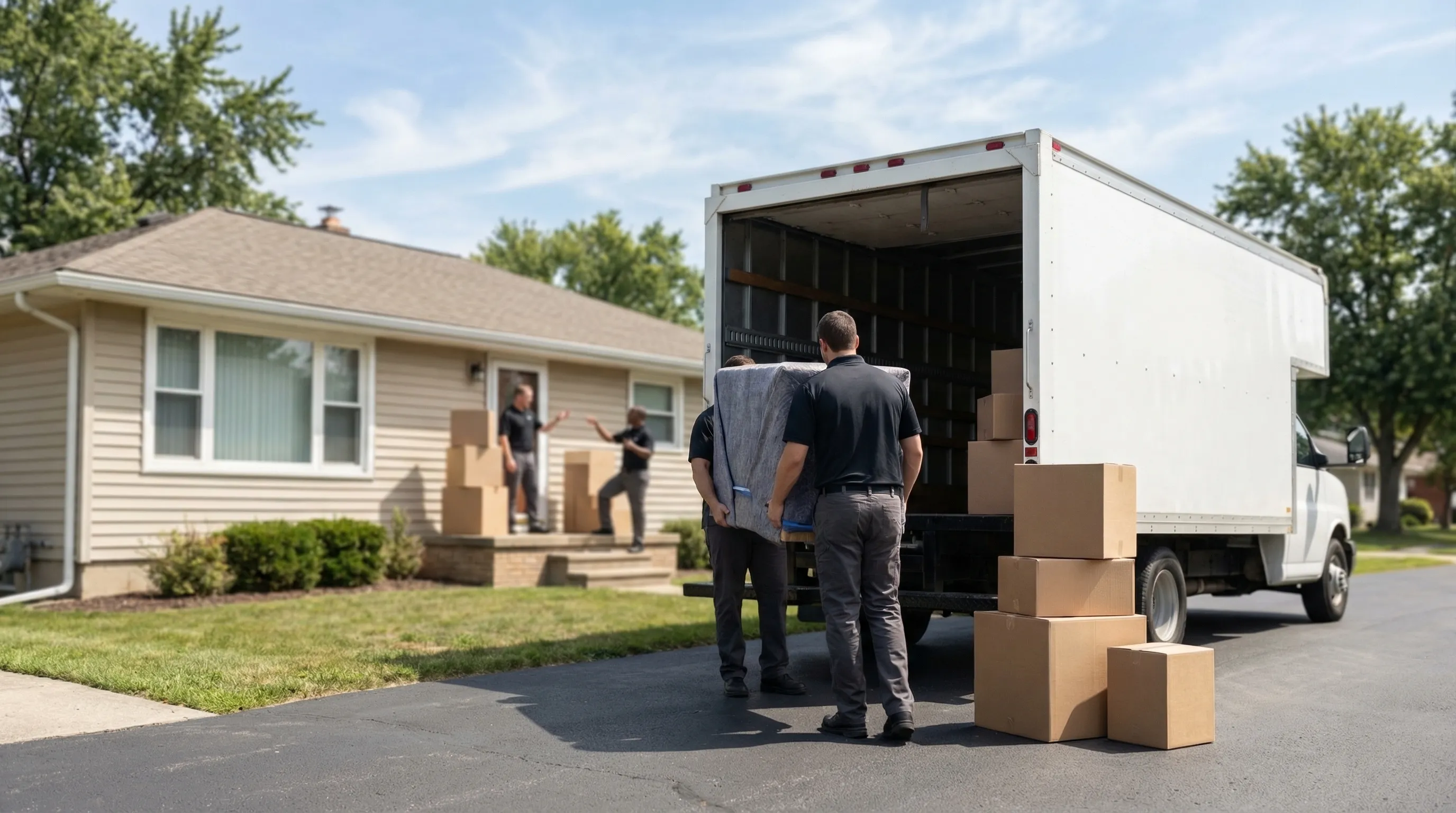 Professional uniformed movers loading furniture onto a moving truck outside a Toledo, OH residential home