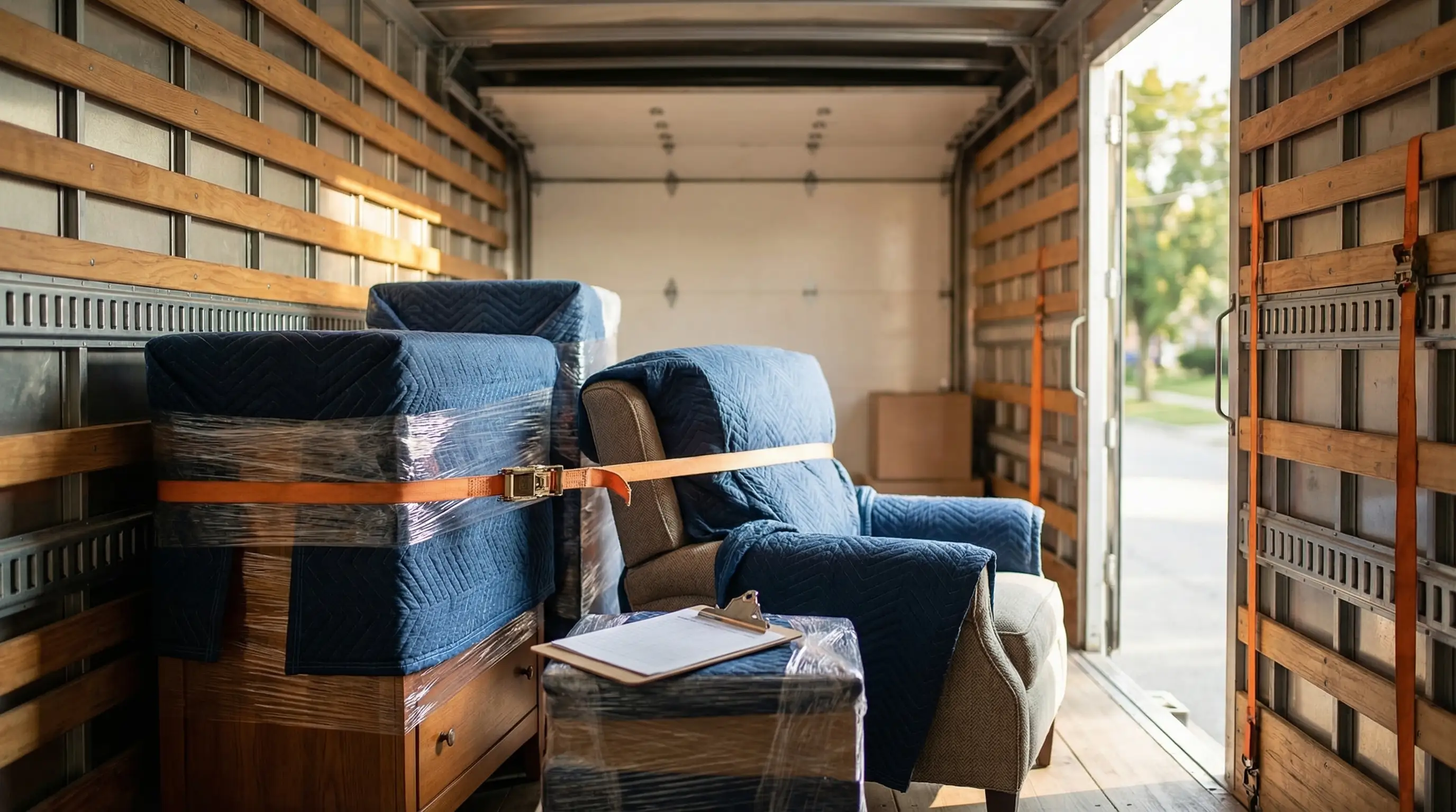 Professional uniformed movers loading furniture onto a moving truck outside a Toledo, OH residential home