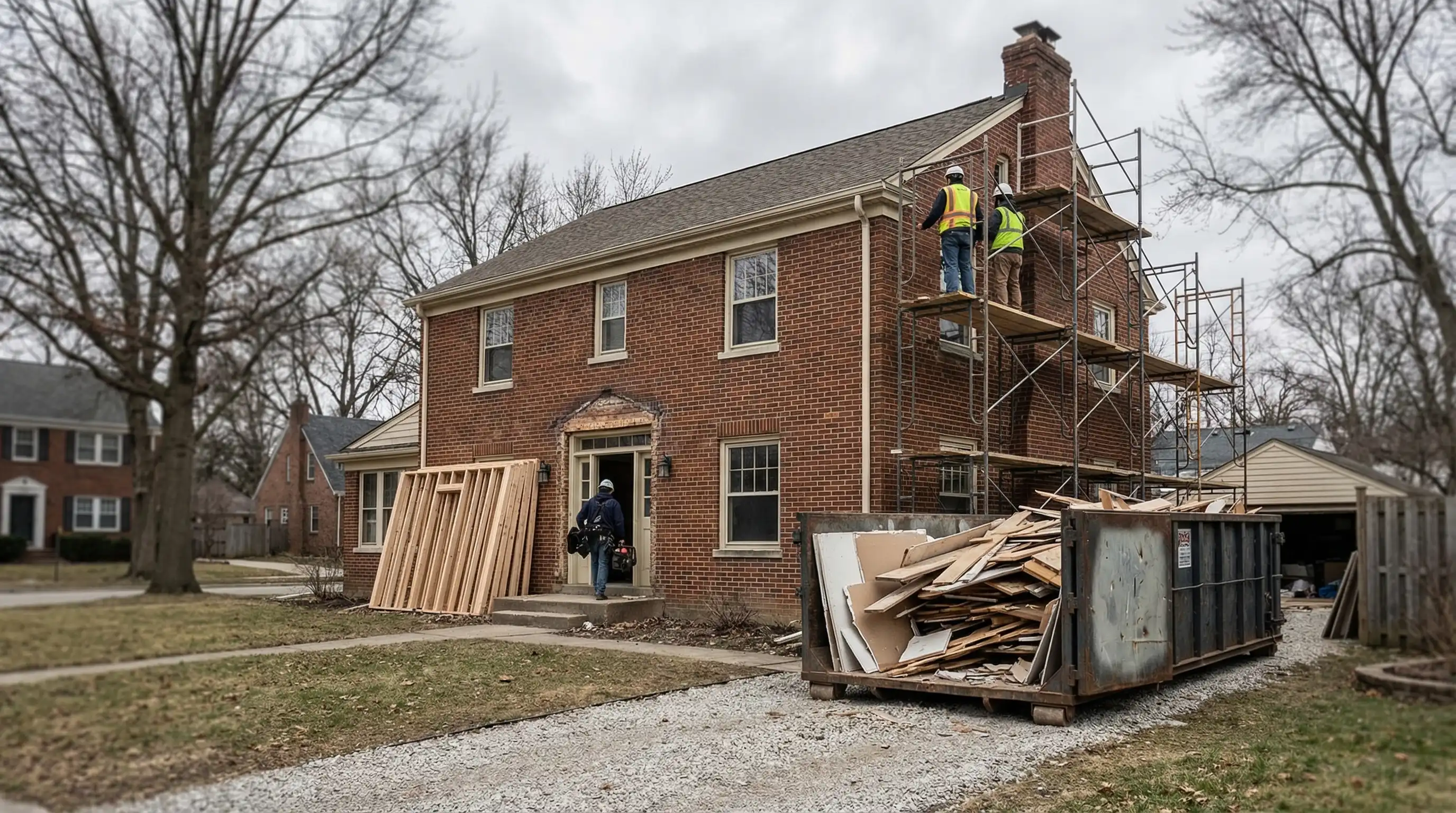 General contractor and crew renovating interior of older Toledo, OH home with new cabinetry installation in progress