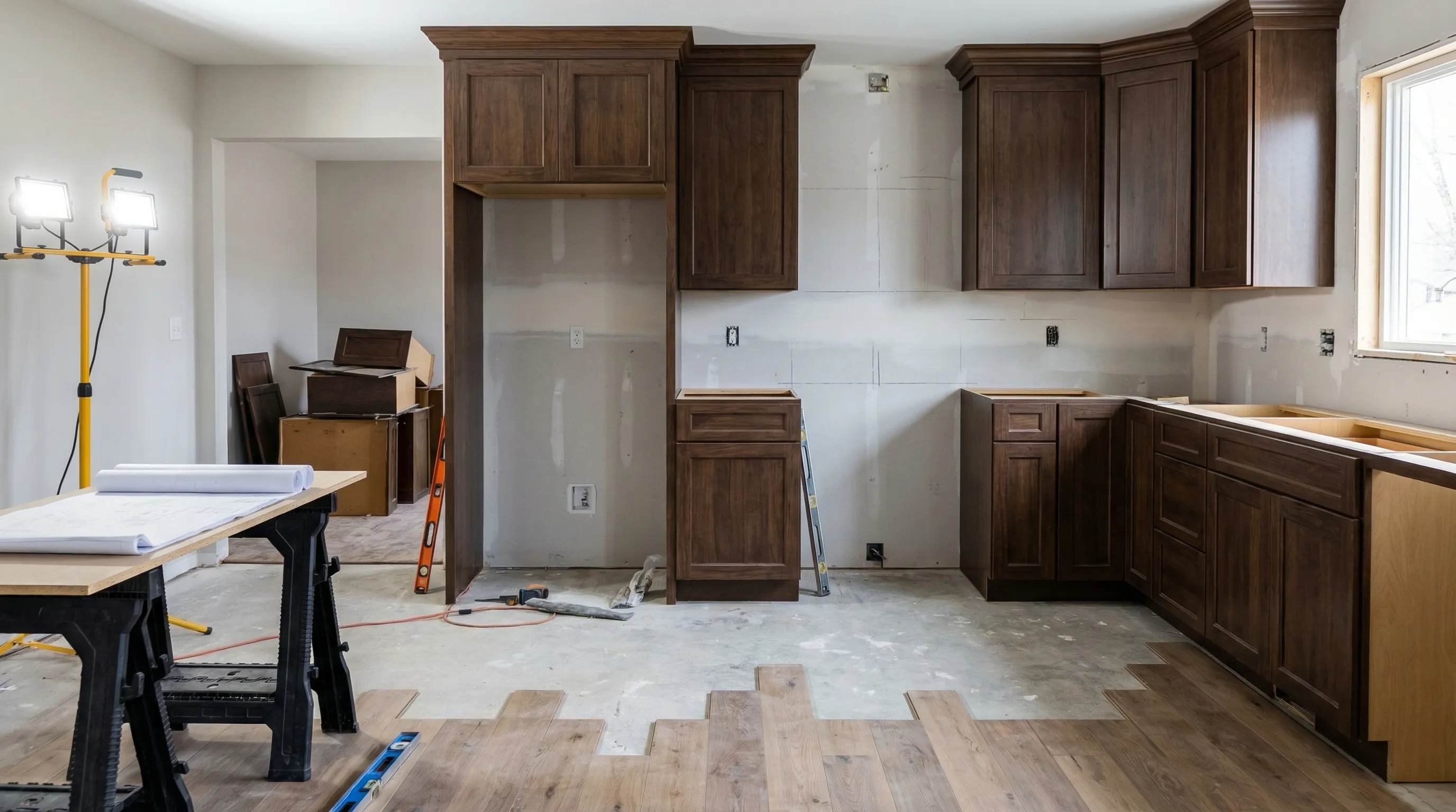 General contractor and crew renovating interior of older Toledo, OH home with new cabinetry installation in progress