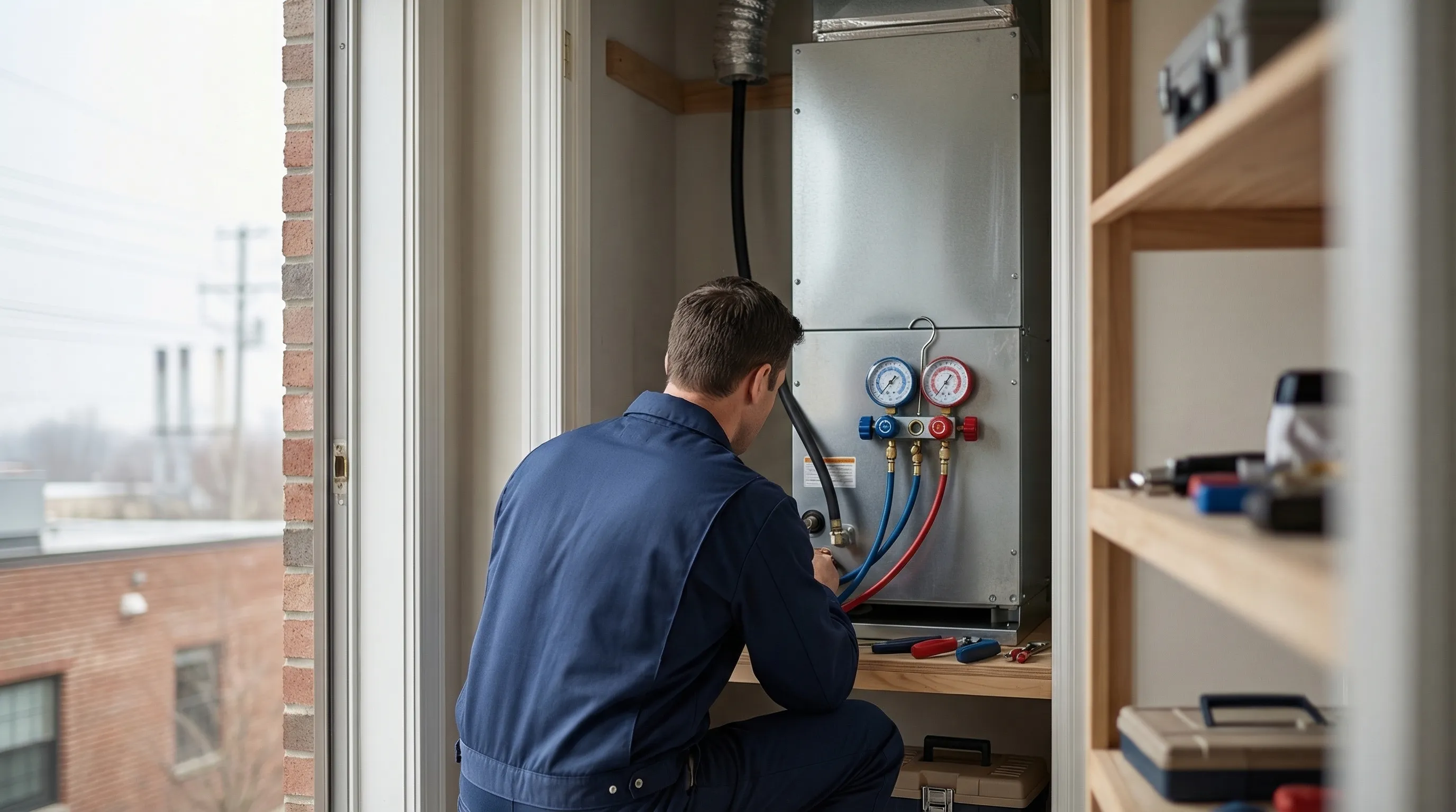 Professional HVAC technician servicing a residential air conditioning unit in Pasadena, TX