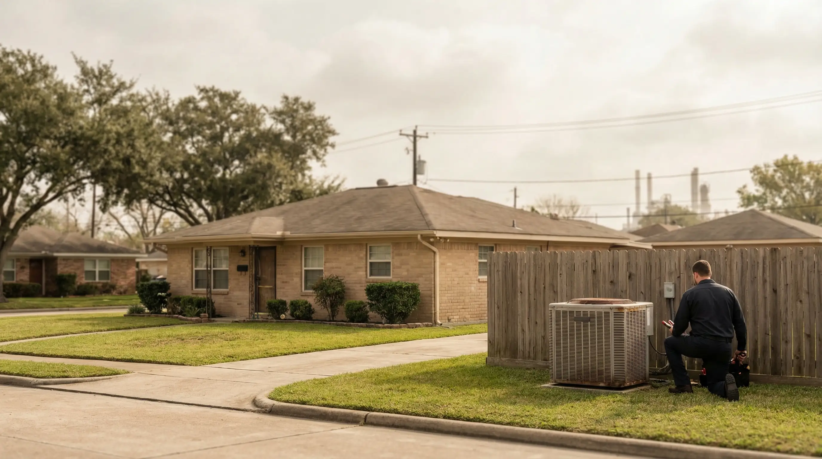 Professional HVAC technician servicing a residential air conditioning unit in Pasadena, TX