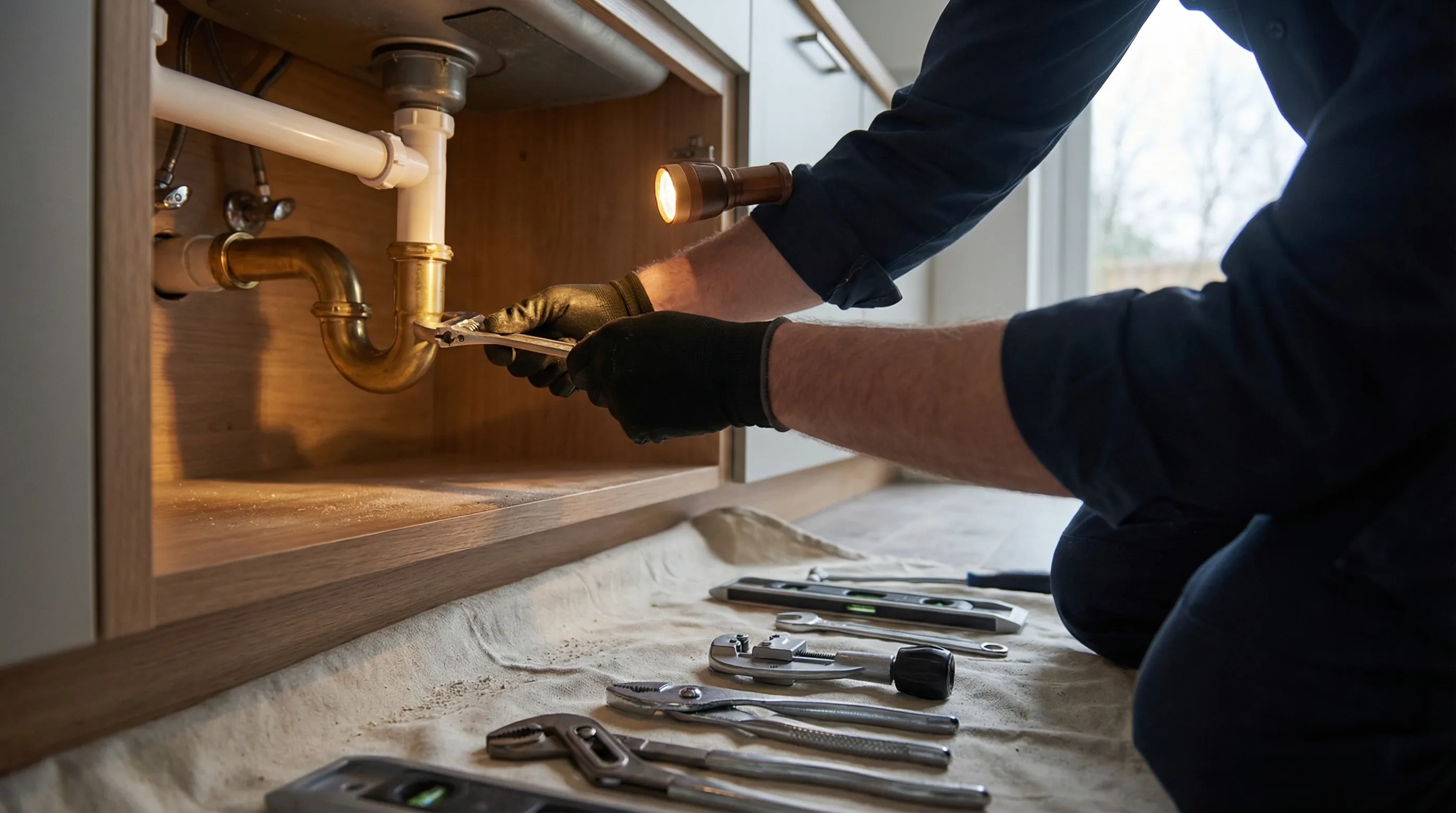 Licensed plumber repairing pipes under a kitchen sink in a Pasadena TX residential home