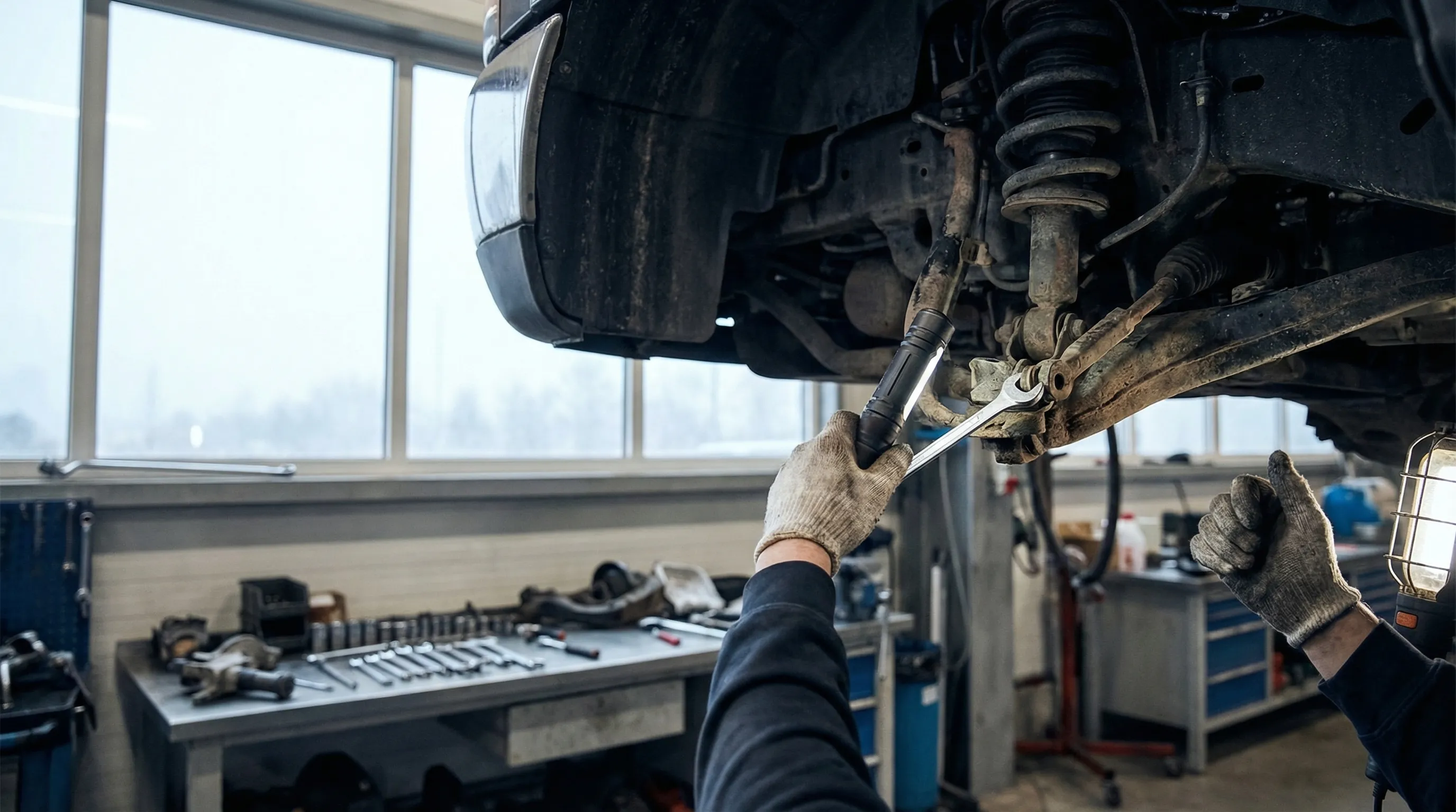 Independent auto mechanic showing honest vehicle inspection to working-class customer at Pasadena TX auto repair shop
