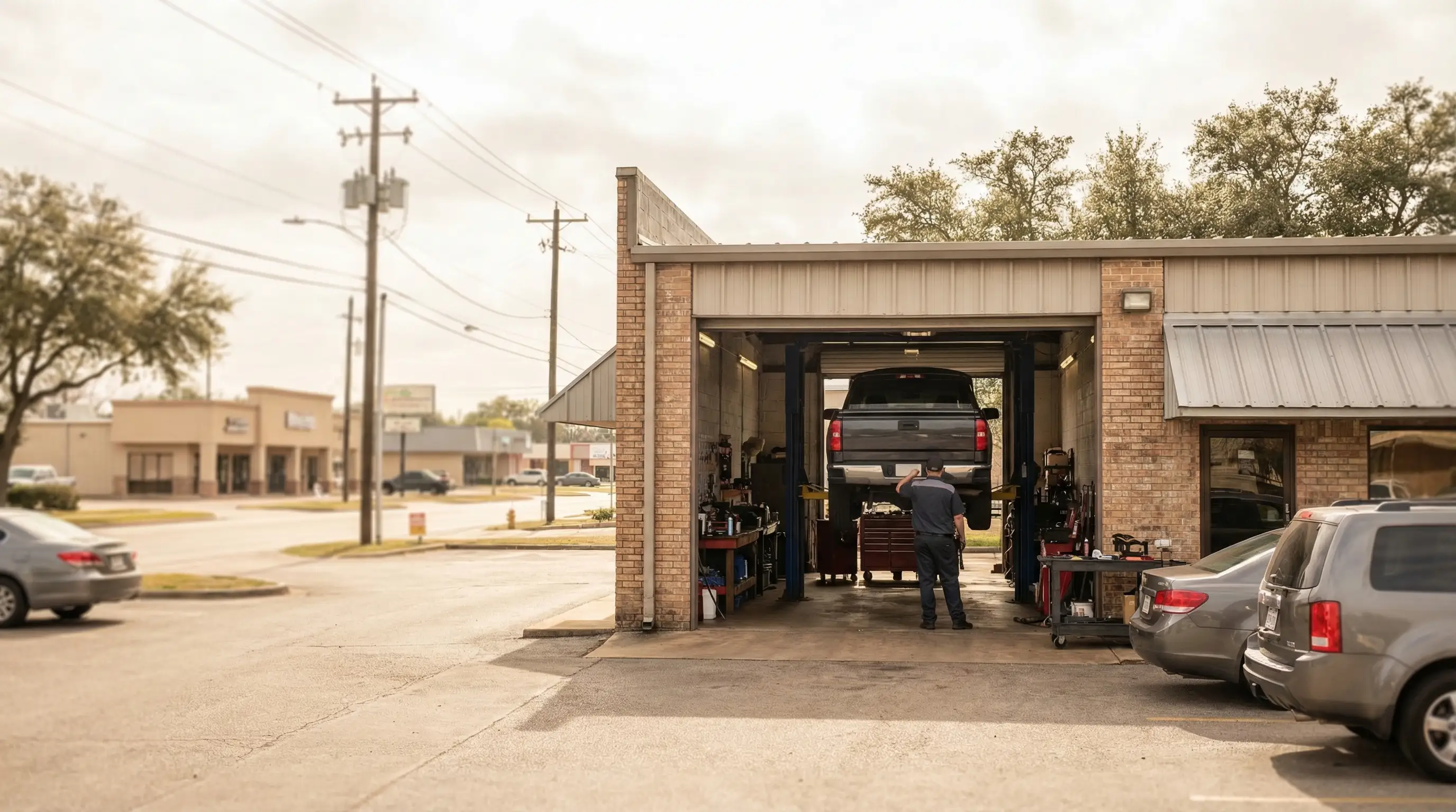 Independent auto mechanic showing honest vehicle inspection to working-class customer at Pasadena TX auto repair shop