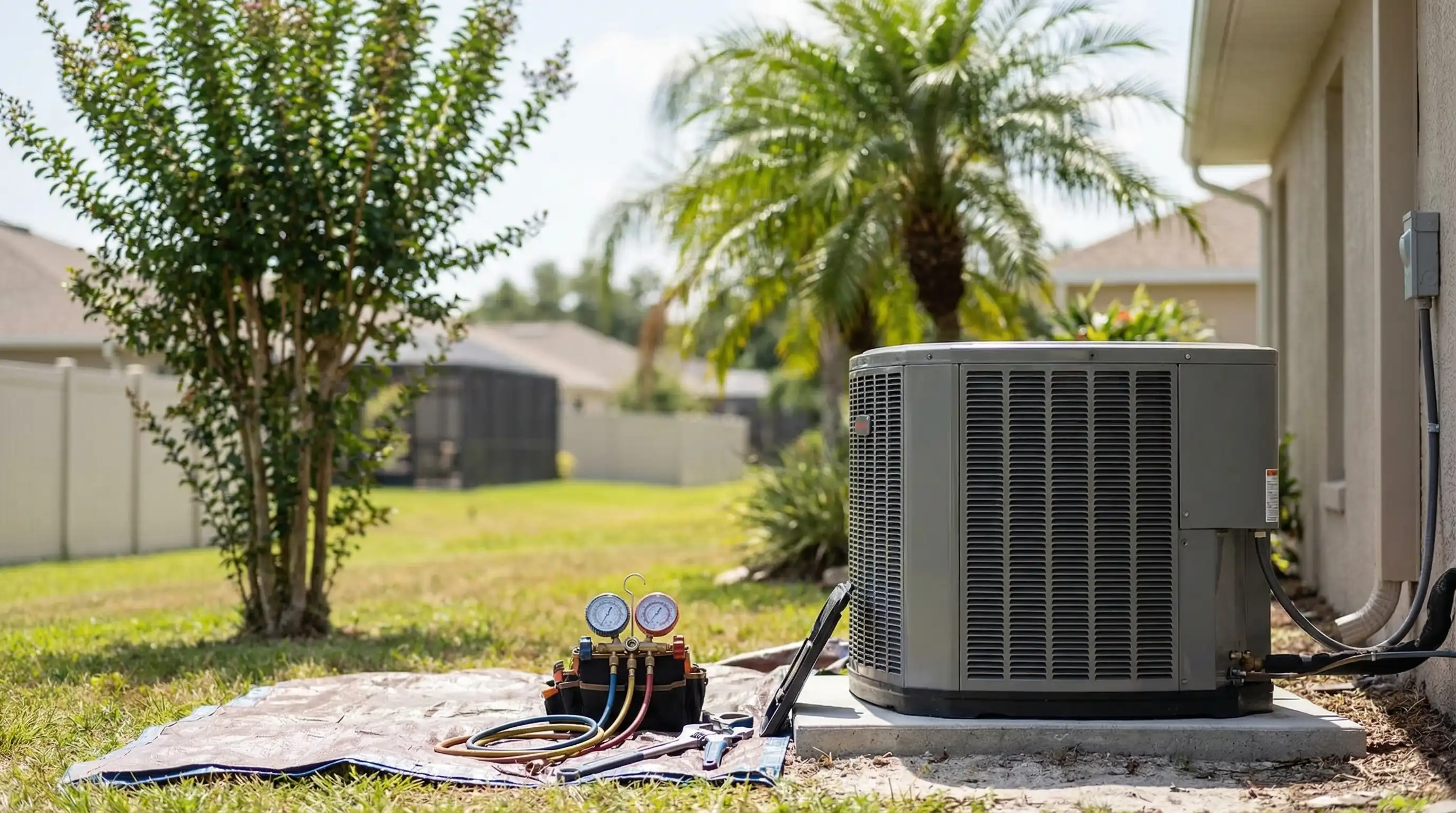 Professional HVAC technician installing a new AC condenser unit at a residential home in Lakeland, FL