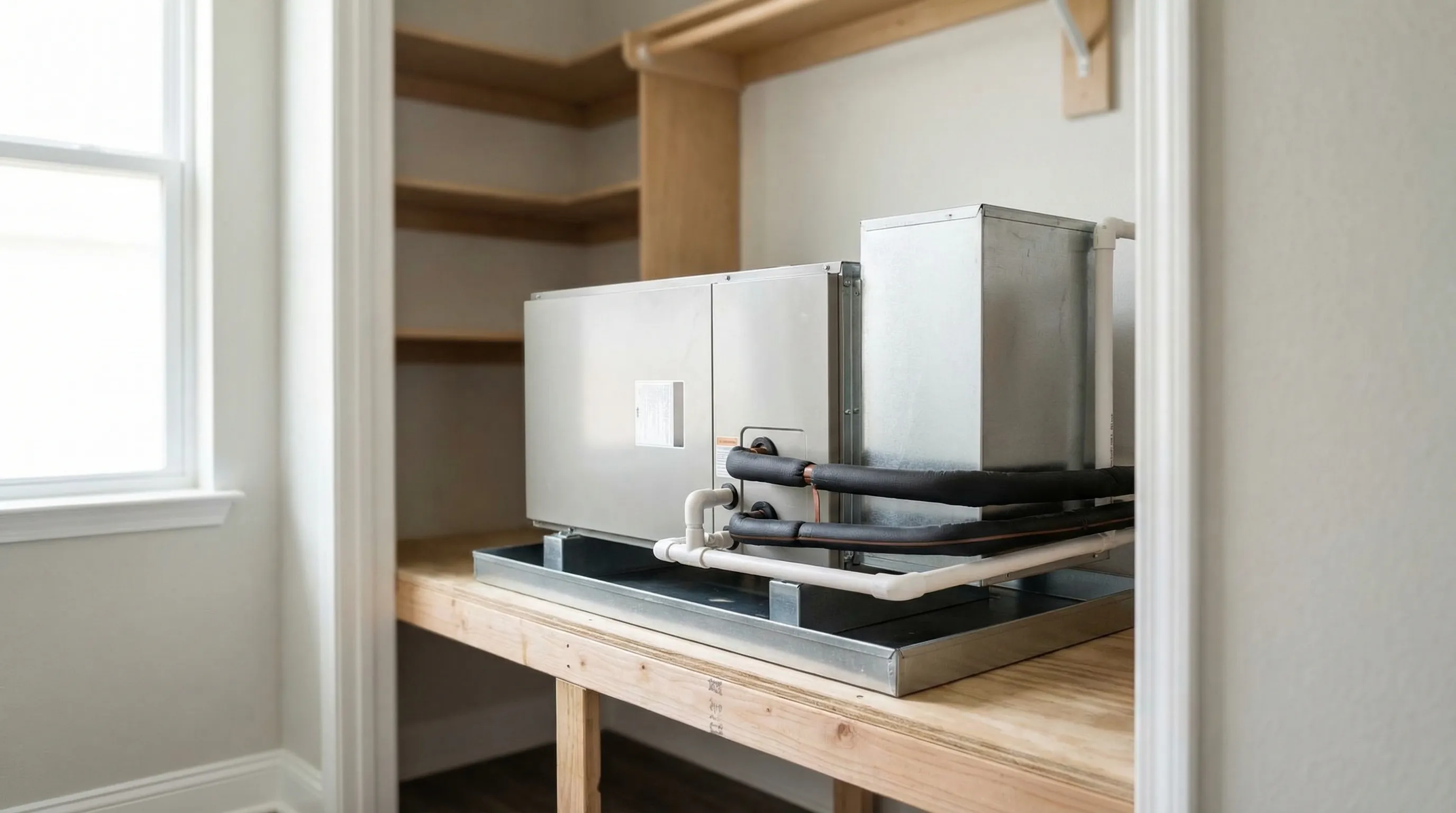 Professional HVAC technician installing a new AC condenser unit at a residential home in Lakeland, FL