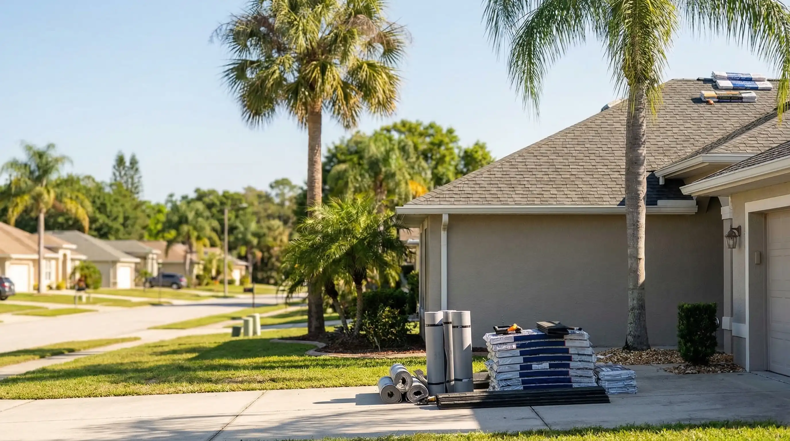 Professional roofing crew replacing shingles on a Florida residential home in Lakeland, FL with subtropical sunshine and palm trees visible