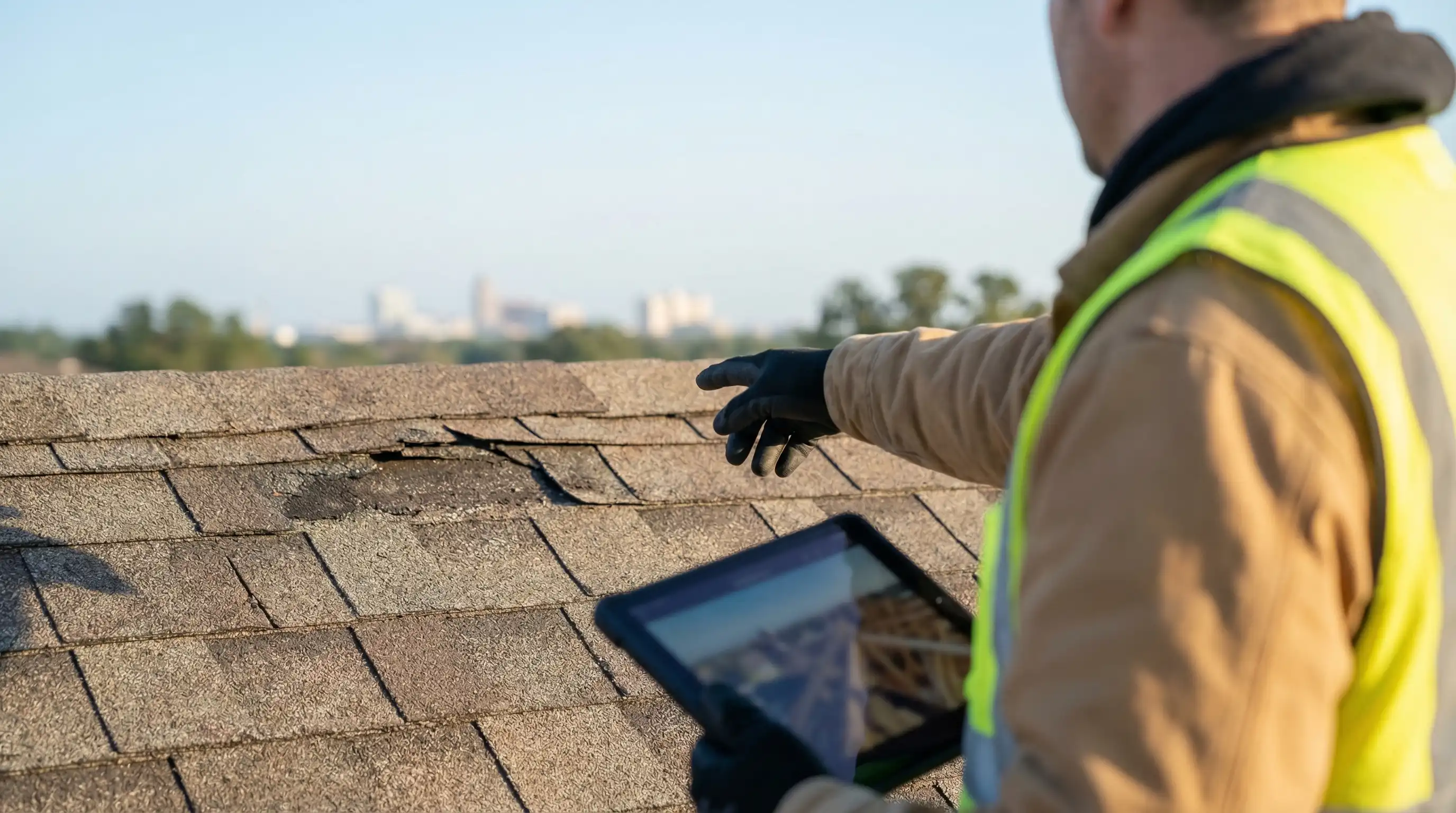 Professional roofing crew replacing shingles on a Florida residential home in Lakeland, FL with subtropical sunshine and palm trees visible