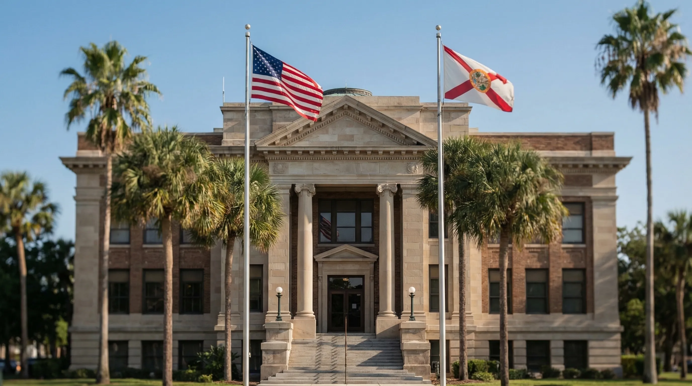 Professional legal consultation at a law office in Lakeland, FL with Polk County legal district and lake view visible through office window
