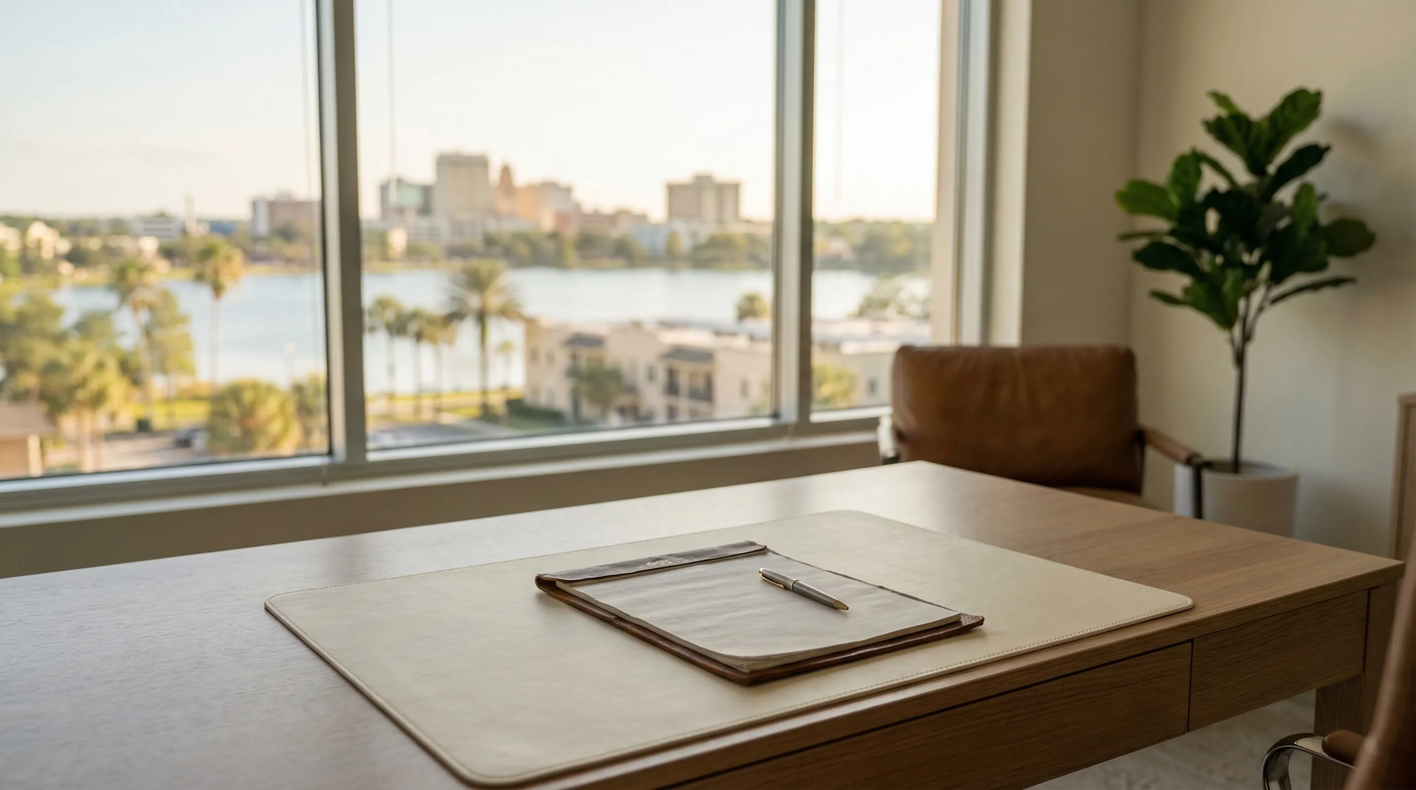 Professional legal consultation at a law office in Lakeland, FL with Polk County legal district and lake view visible through office window