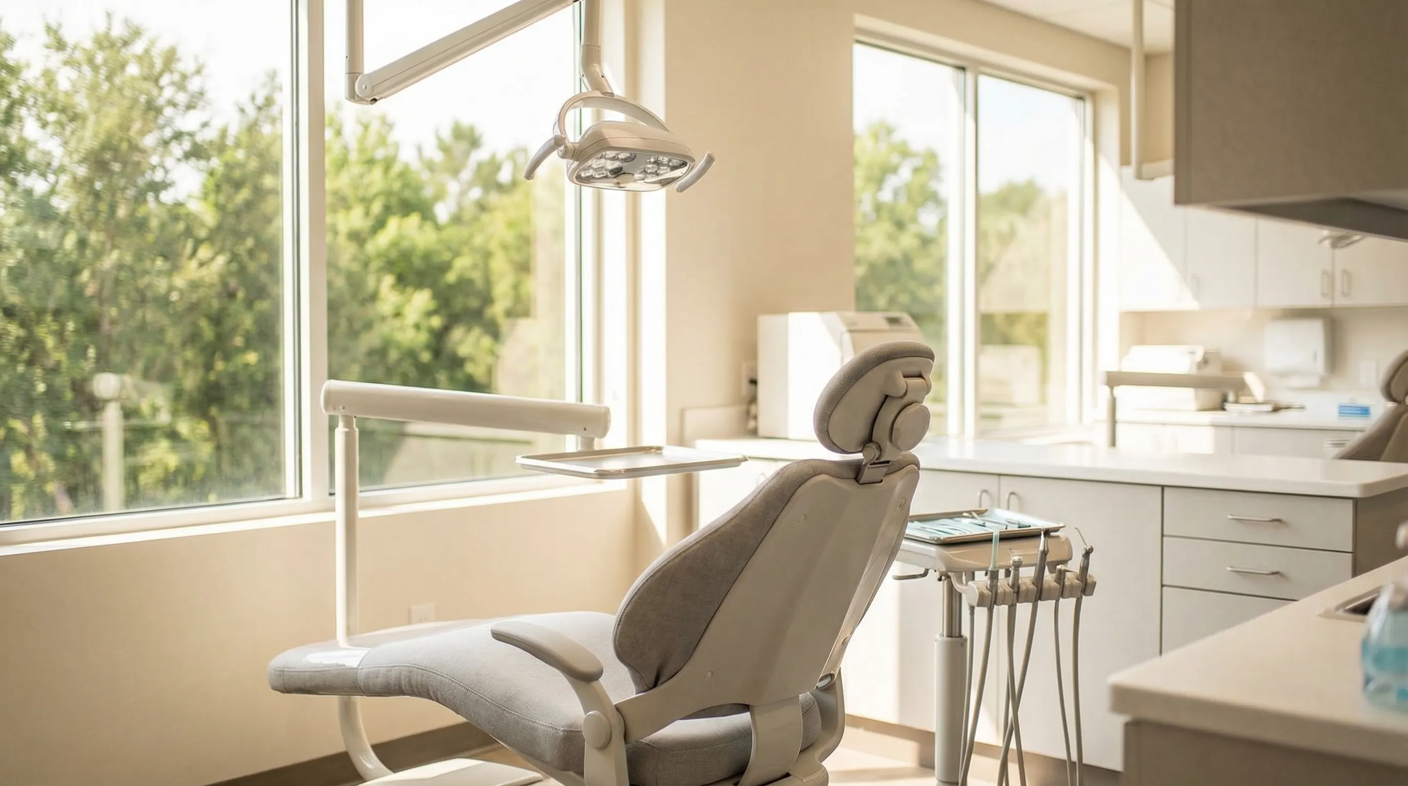 Modern dental practice exterior in Lakeland, FL with clean contemporary facade, Florida palms, and welcoming entrance under a clear blue sky